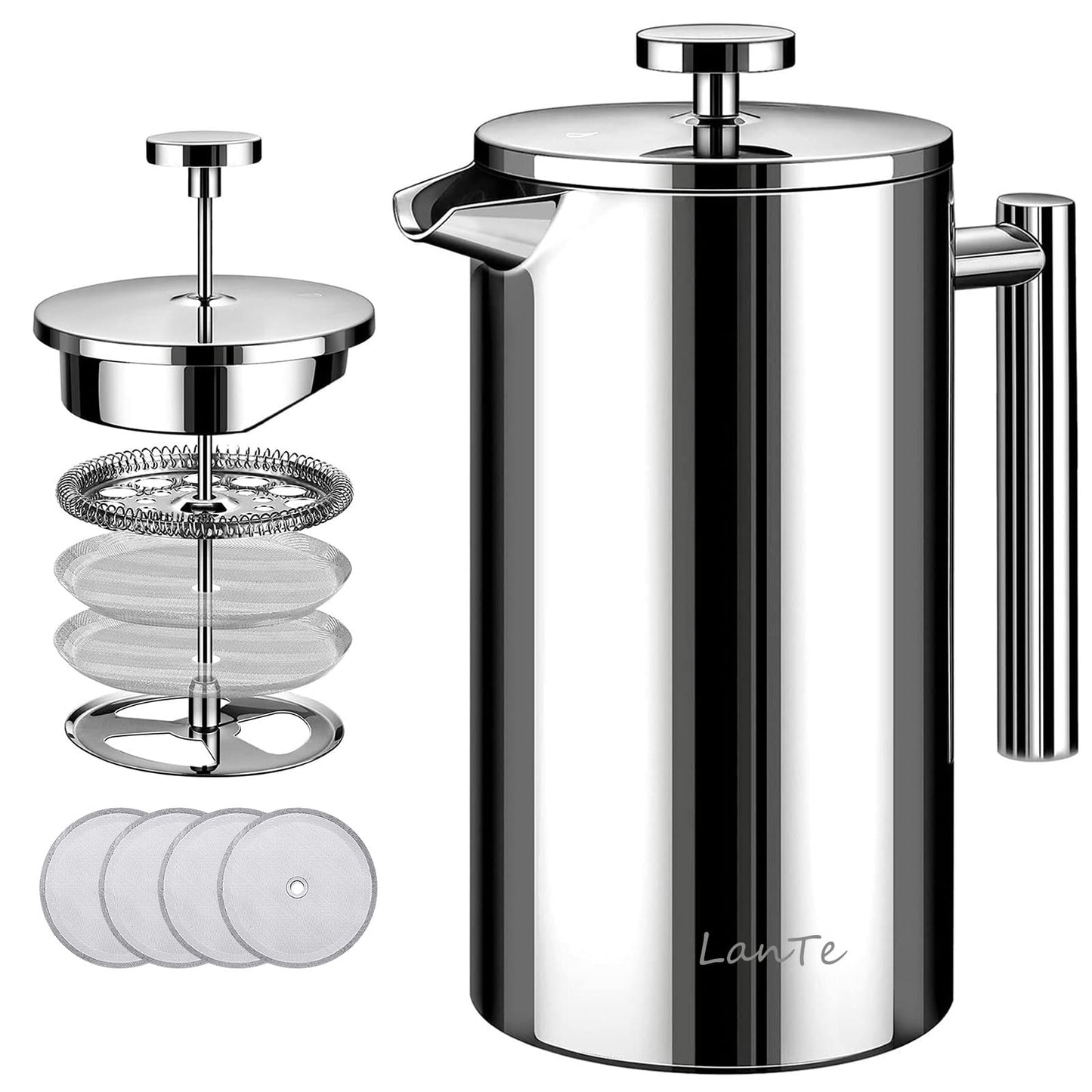 LANTE French Press Coffee Maker, 1.5L Double Insulated 304 Stainless Steel Tea Maker 4 Level Filtration System, No Coffee Grounds, Rust-Free, Dishwasher Safe 50oz Coffee Press for Family Party