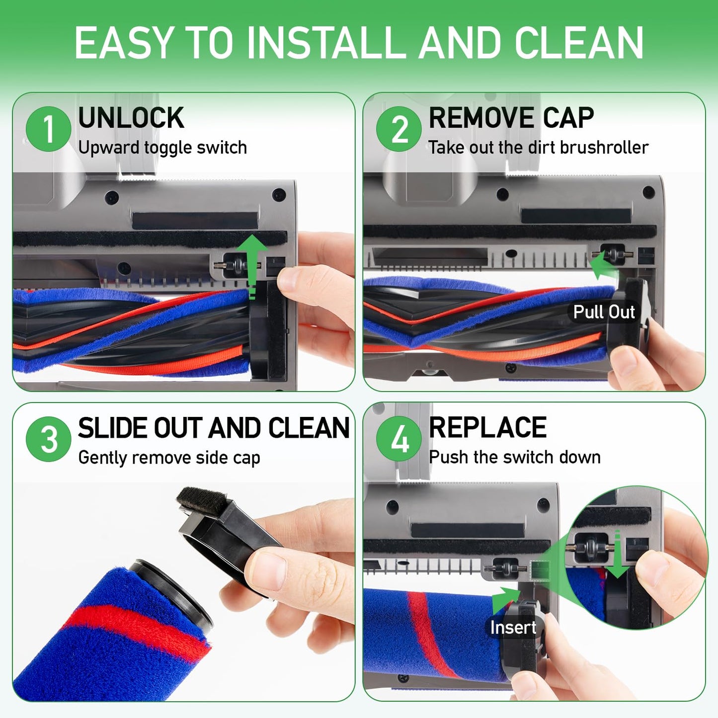 Replacement Motorized Head for Dyson V15 V11 V10 V8 V7, Hidden Dust Detection Green LED Attachment with 2-in-1 Dual Roller, 60% Effortless Glide for Carpet & Hard Floor, Stable Self-Standing Design