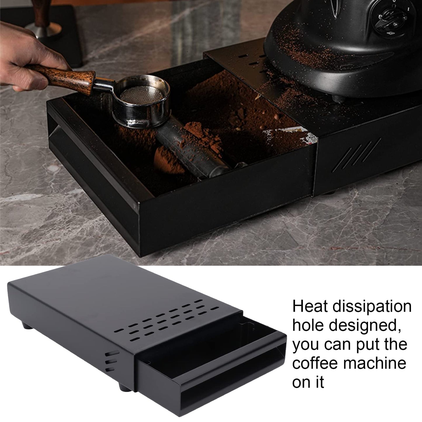 Espresso Coffee Knock Box Drawer, Removable Rubber Strike Wood Pole Coffee Knock Box Drawer, Stainless Steel Coffee Powder Box Non Slip Base (Black)