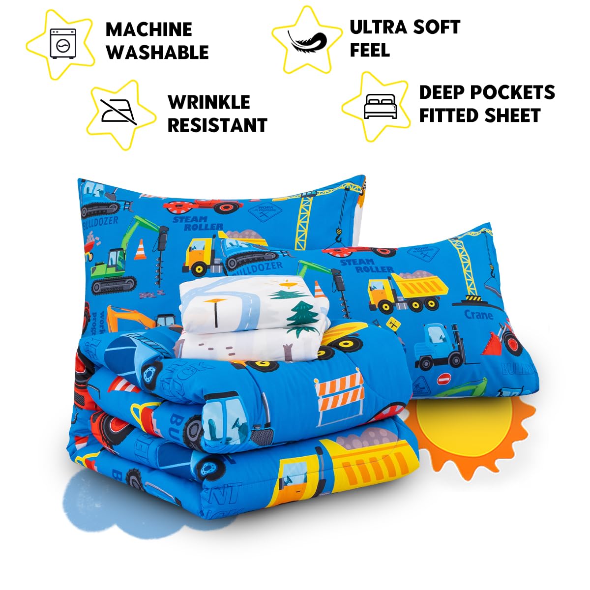 Holawakaka Trucks Excavator Cars Boy Bedding Comforter Set with Sheets, Twin Size Cartoon Construction Car Tractors Print Kids Bed in A Bag 5-Piece, Boys Reversible Dorm Bed Sets (Blue Twin)