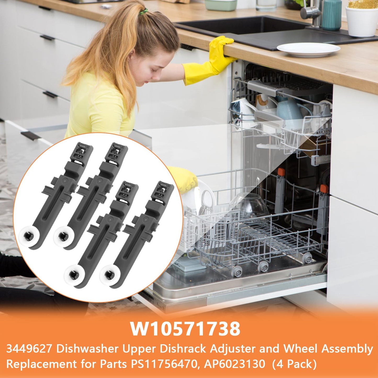 W10571738 3449627 Dishwasher Upper Dishrack Adjuster and Wheel Assembly Replacement for Whirlpool, Maytag, KitchenAid, Magic Chef Dishwasher Replace Parts PS11756470, WPW10571738, AP6023130 (4 Pack)
