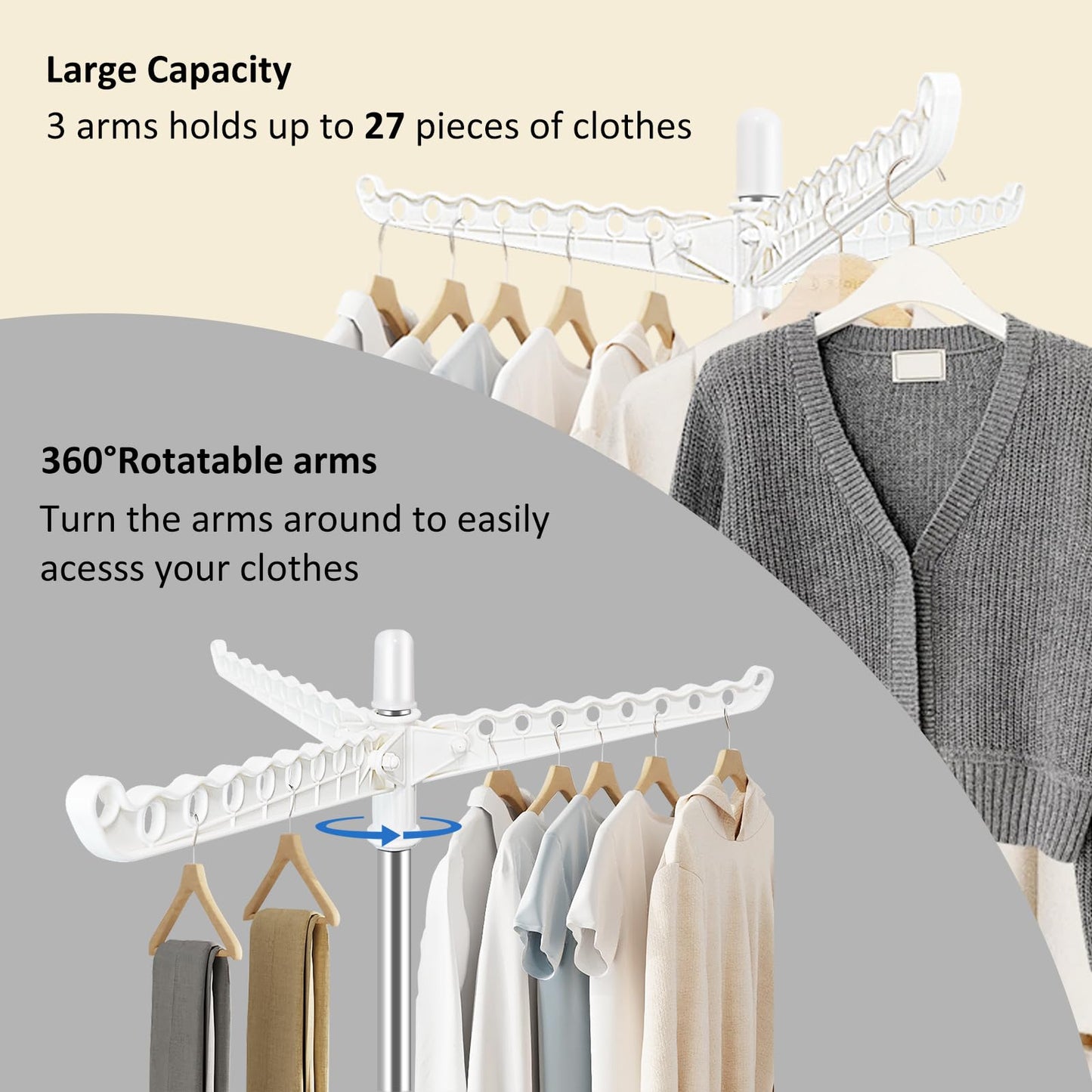 SUYU Clothes Drying Rack, Foldable Drying Rack Clothing, Laundry Drying Rack, 59-Inch Indoor Clothes Airer with 3 Rotatable Arms, Stainless Steel,4 Legs,White and Silver SNJ101