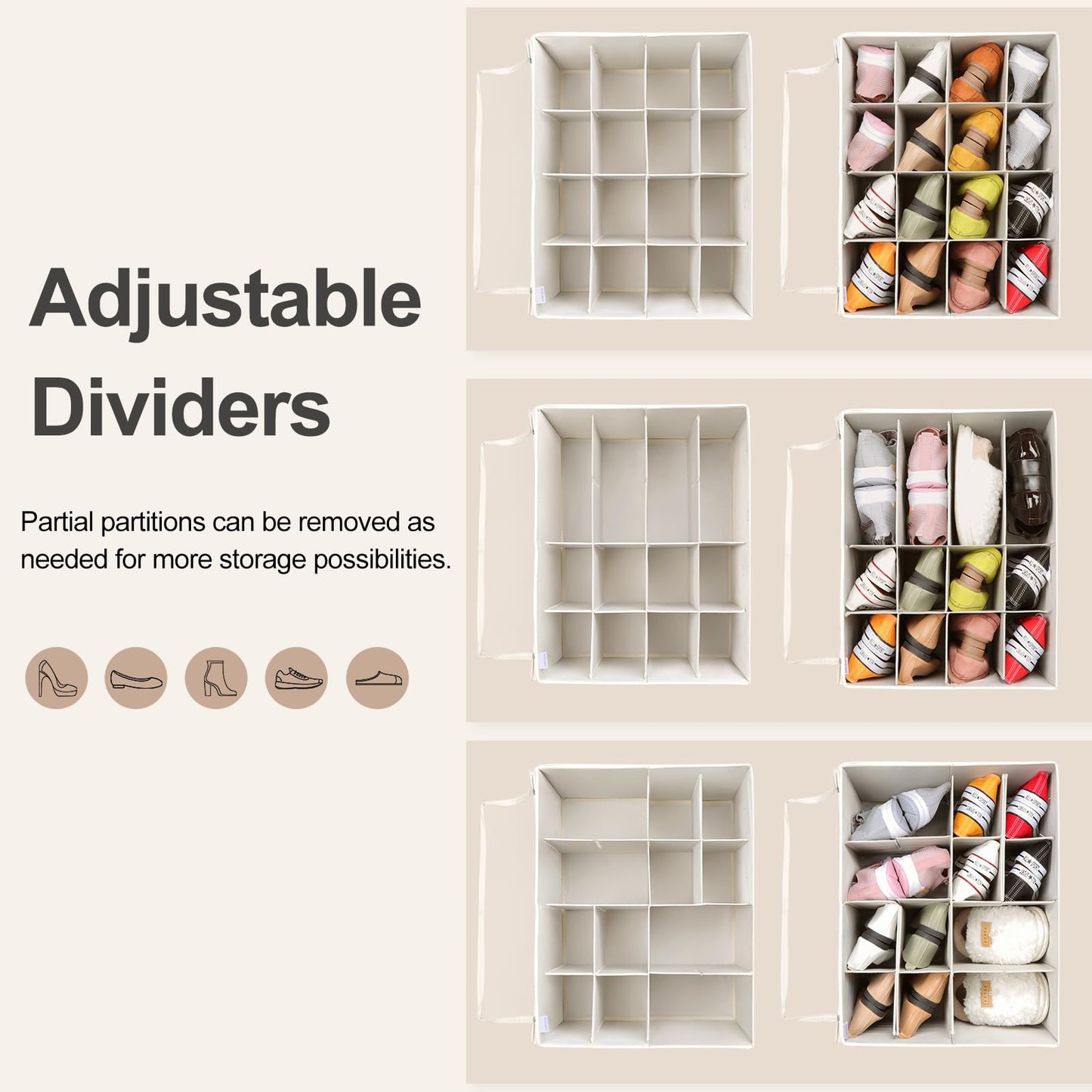 TOPIA HOME Shoe Organizer for Closet 2 Pack, Foldable Shoe Box with Adjustable Dividers and Clear Cover, Space Saving Shoe Storage Organizer Cabinet with Reinforced Handles, Fits 32 Pairs Beige TP12Y