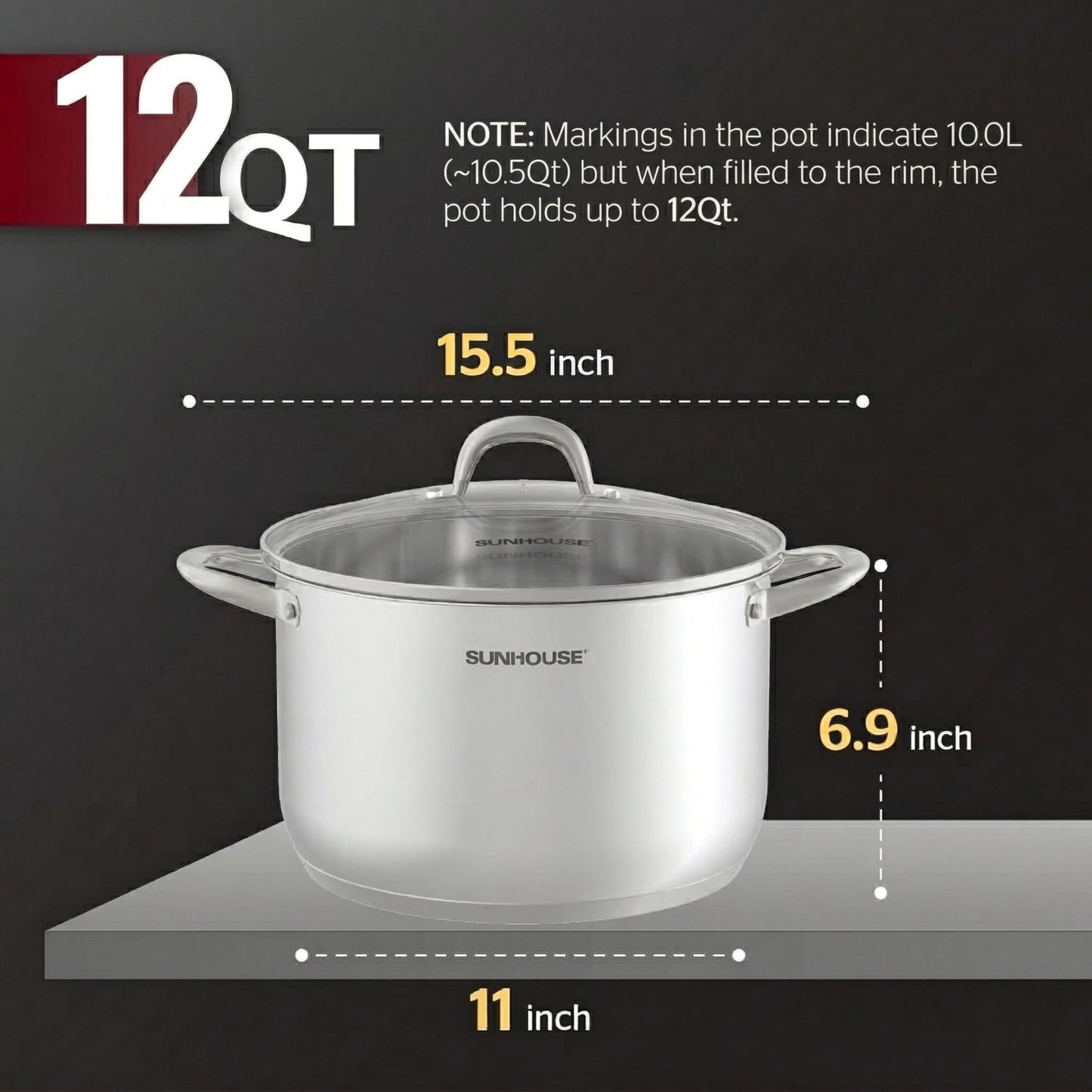 Sunhouse Stock Pot with Lid - 12 QT Large Pot for Cooking Pasta, Soup, Spaghetti - Impact Bonding Base Big Stainless Steel Pots for Canning, Boiling - Oven Safe & Induction Compatible Cookware