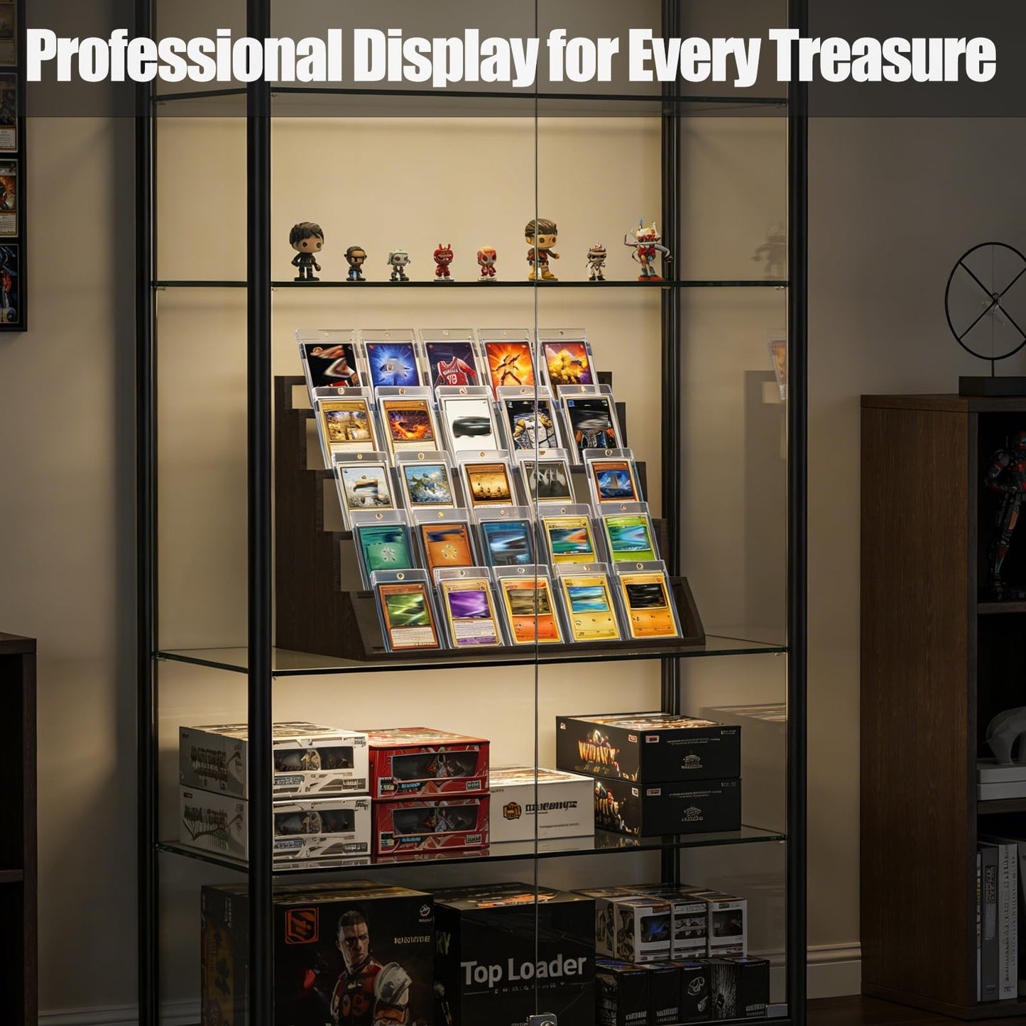 2 Pack 5 Tier Wooden Card Display Stand – Vertical Card Holder Display for Trading Cards, Game Cards, Sports Cards, Graded PSA/BGS/SGC, Baseball, Basketball&Football(Soccer) Card Stand, Desk & Shelf Organize,Black