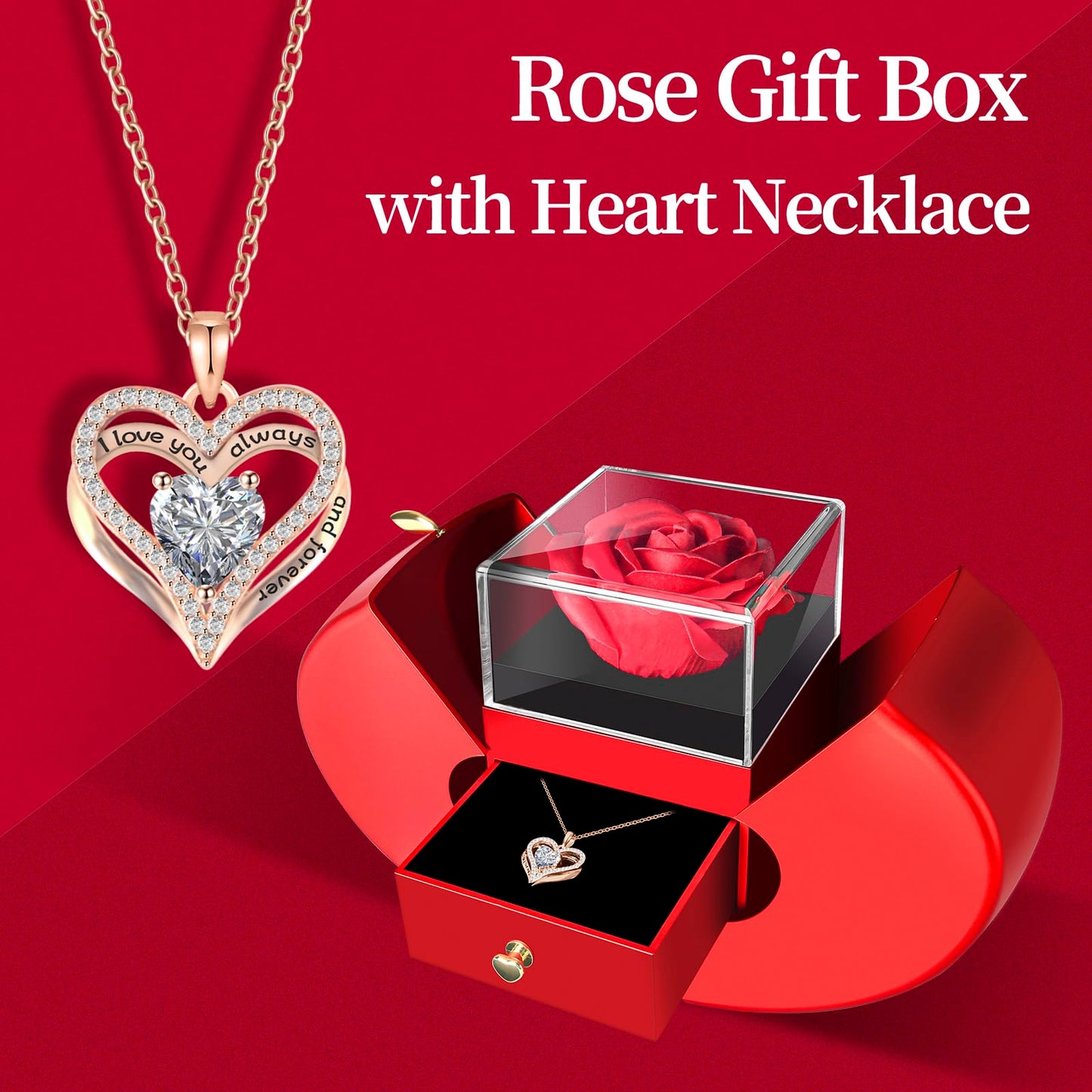 WEIMIL Preserved Flower Red Rose with Heart Necklace, Gifts for Mom, Girlfriend, Women, Wife, Grandma on Christmas, Valentine's Day, Mother's Day, Birthday, Anniversary, Thanksgiving
