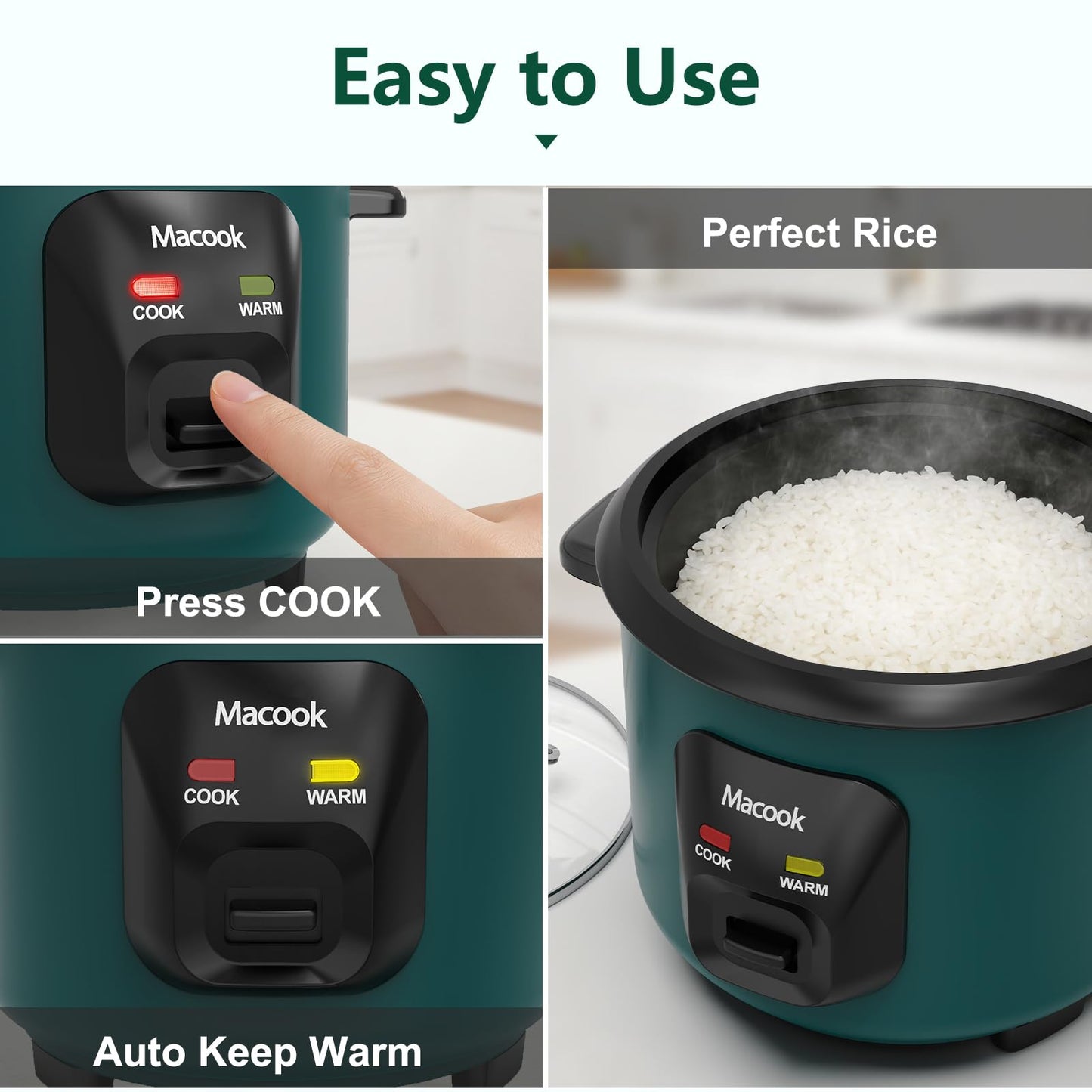 Macook Mini Rice Cooker | 6-Cup (0.6L) Small Rice Maker | One-Button Operation | Non-Stick Inner Pot | Automatic Keep Warm & Overheat-Proof | for 1-6 People, Students & Small Families (Green)