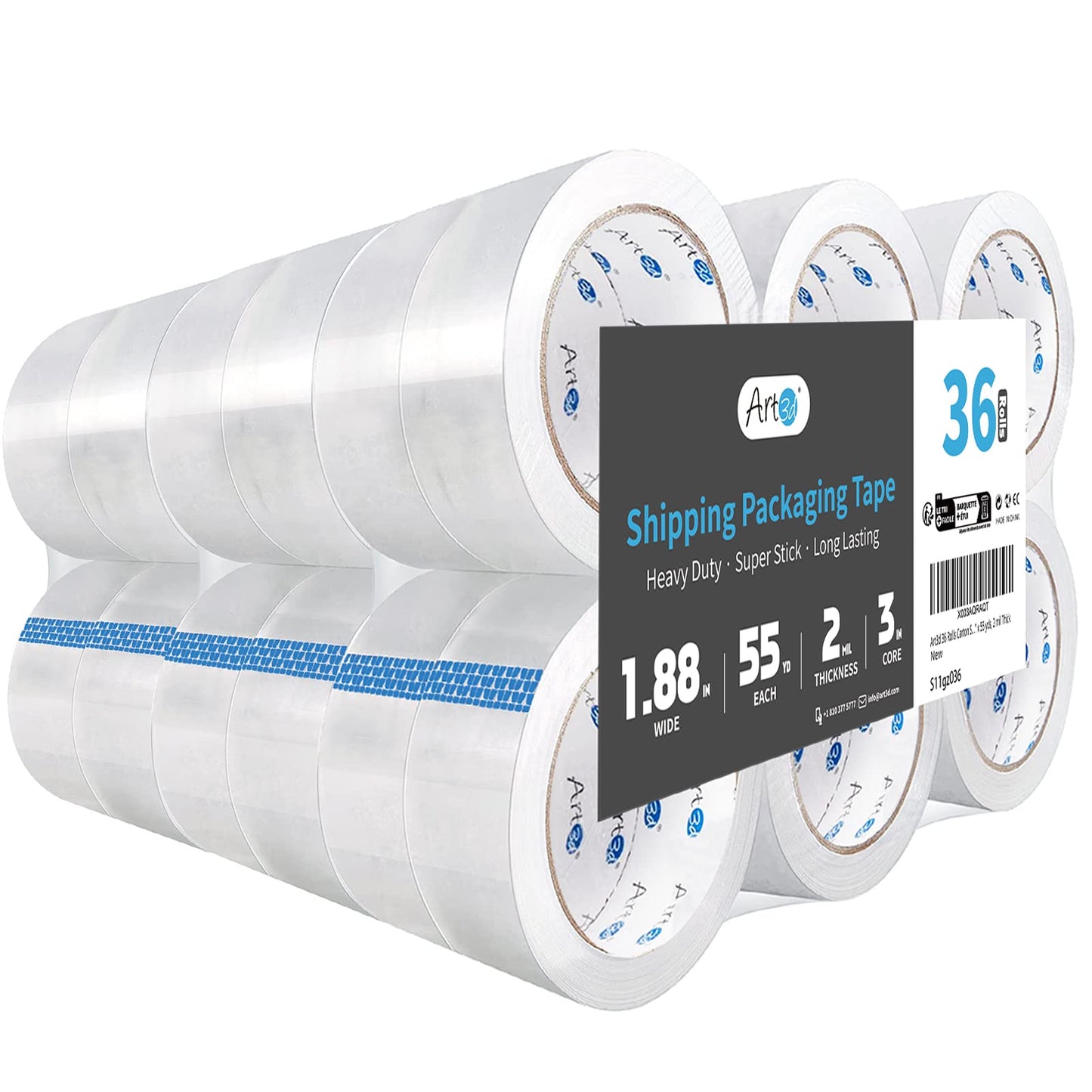 Art3d 36 Rolls Packing Tape - Clear Carton Sealing Tape Heavy Duty, 1.88" x 55 yds, 2.2 mil Thick