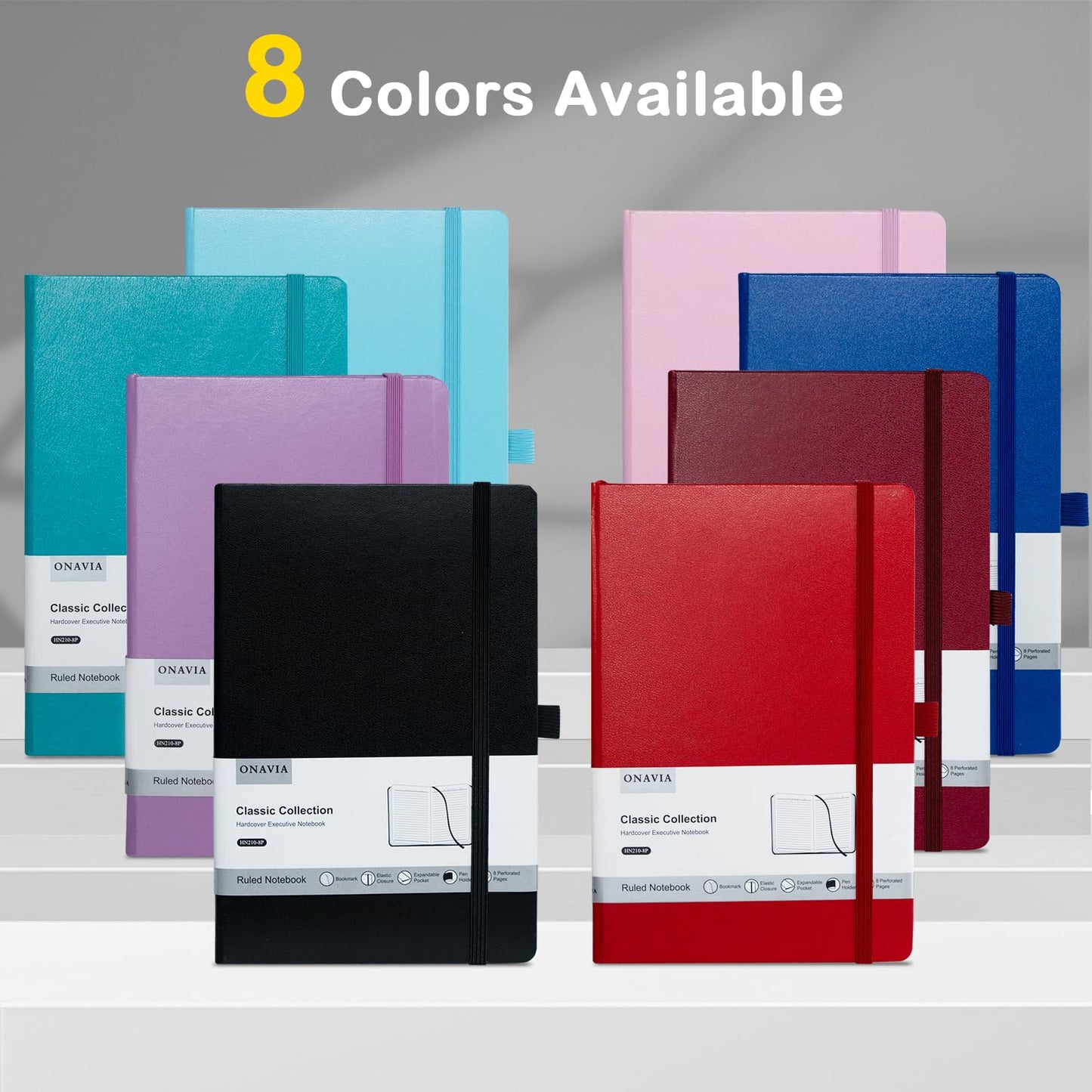 ONAVIA A5 Lined Journal Notebook 8 Pack, College Ruled Hardcover Leather 5.5" x 8.3" 160 Pages, 100 GSM Thick Paper Medium Journaling notebooks for Office, School Supply, Note Taking, Multicolor