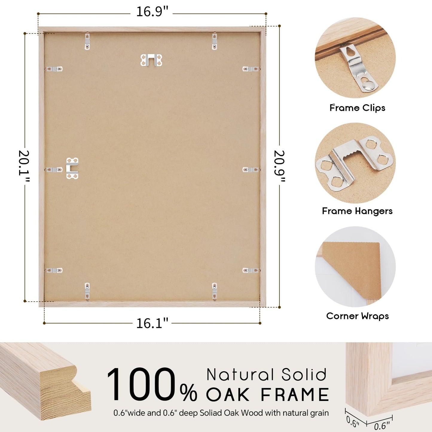 puthiac 16x20 Solid Oak Wood Picture Frame, Fits 12x16 with Mat or 16x20 Without Mat, Wall Display Only, Vertical or Horizontal, Plexi Front, 1 Pack, Natural Oak