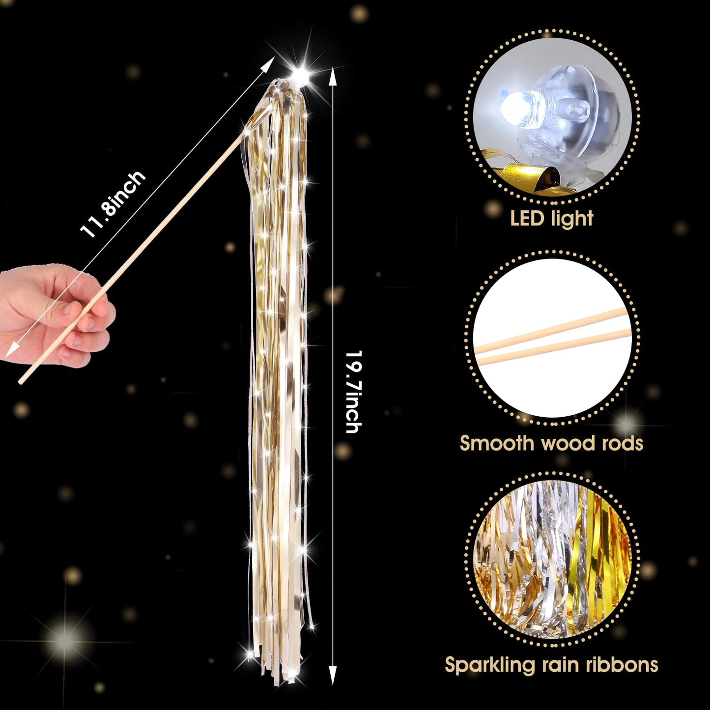TBOLLY 100 pcs Wedding Wands Light up with LED Tinsel Wedding Streamers for Wedding Send off and Greeting Ideal Props for Weddings, Birthday Parties, Christmas Cheerleading Games (Champagne)