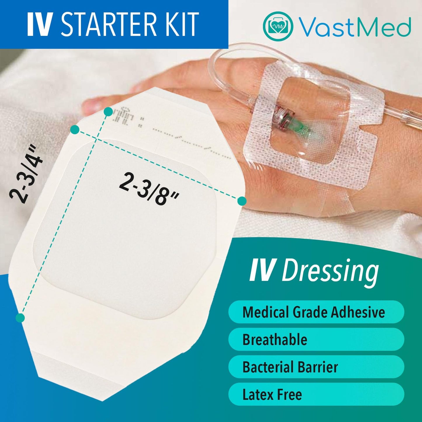 100 PCs IV Starter Kit with Gauze/Chlorascrub Swab LF by VASTMED | Posi-Guard Catheter Securement Device & Transparent Window Dressing | Latex-Free Tourniquets