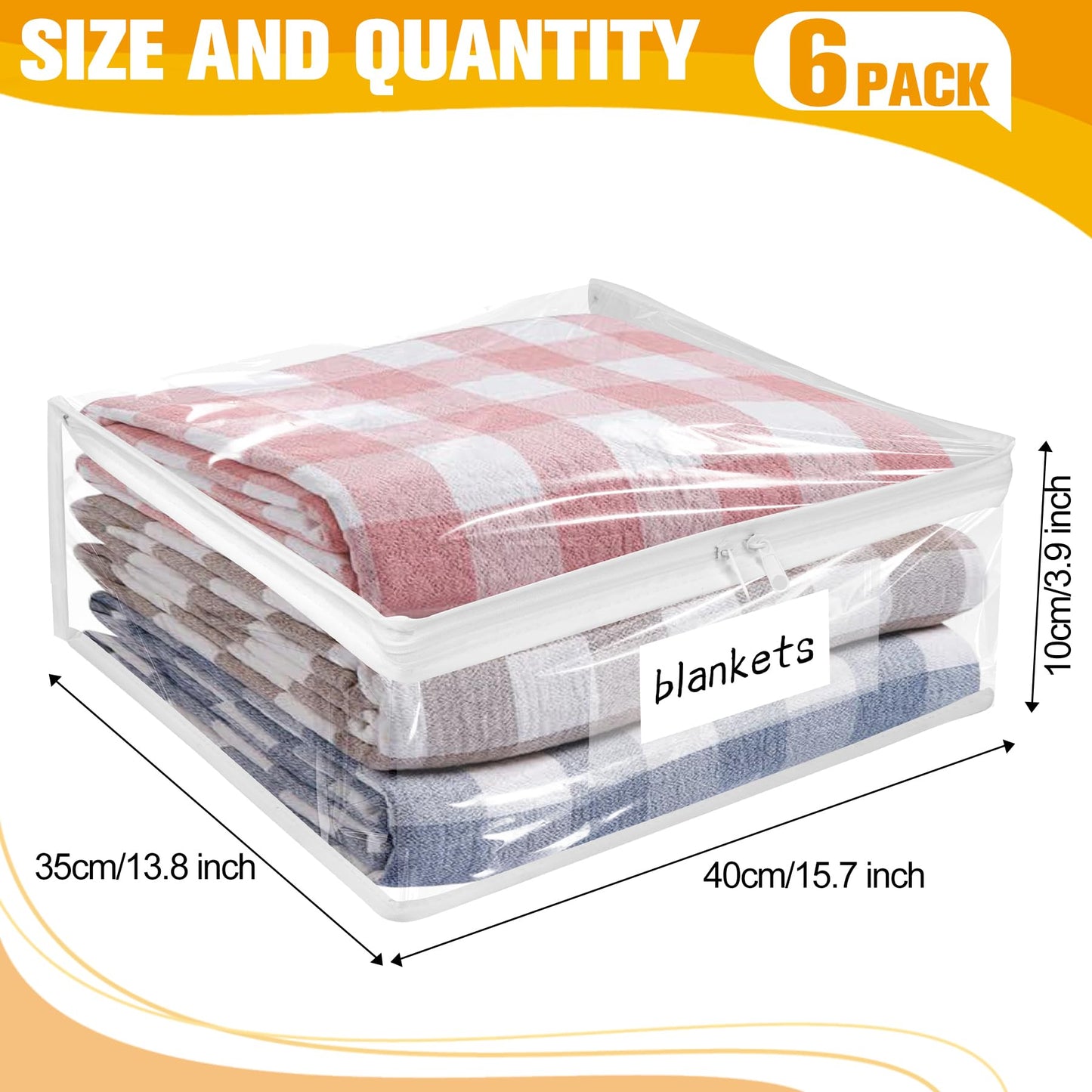 Plastic Storage Bags with Easy-Glide Zipper, Pack of 6, Durable Clear Vinyl Zippered Storage Bags for Clothes Sweaters Comforters Blankets Sheets Bedding (15.7 x 13.8 x 3.9 Inch, White)
