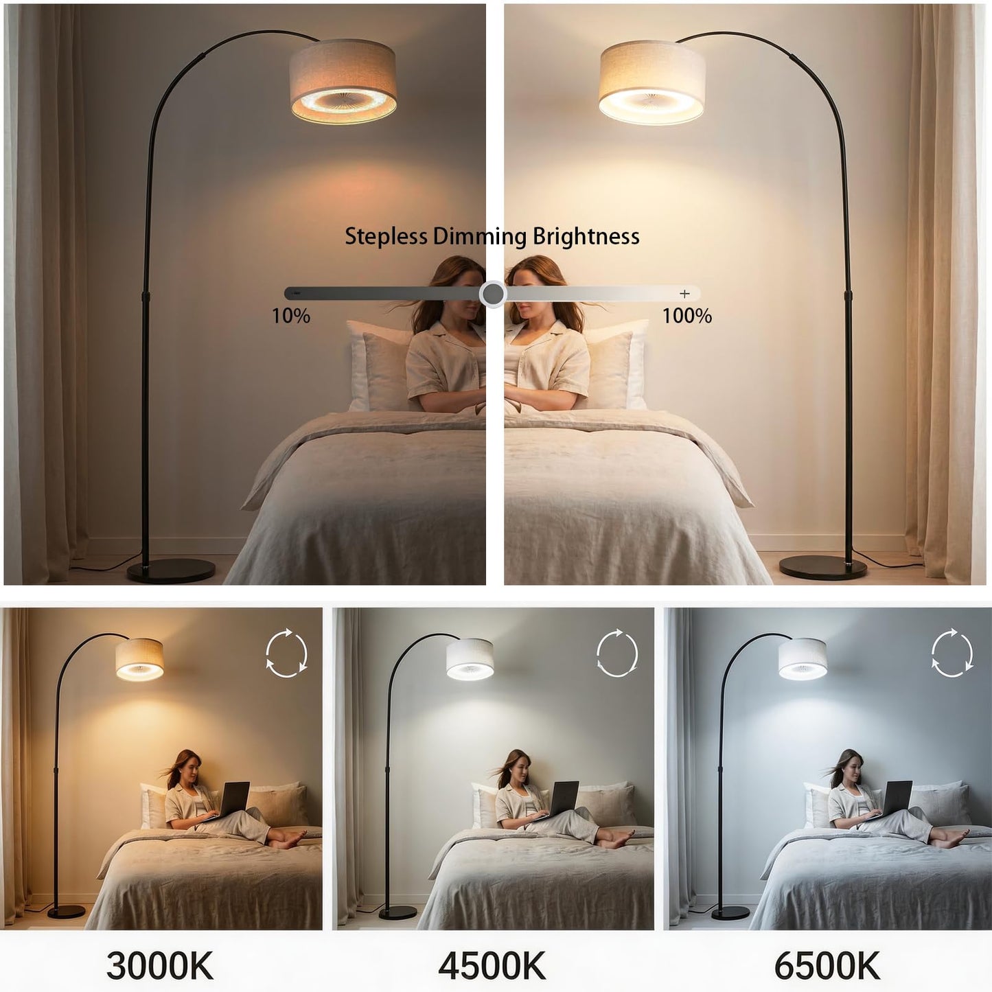 Brisluck Arc Floor Lamp with Fan Dimmable Standing Lamp with Remote 3 Color Temperatures Adjustable for Living Room Bedroom Bright Reading Lamp with Marble Base