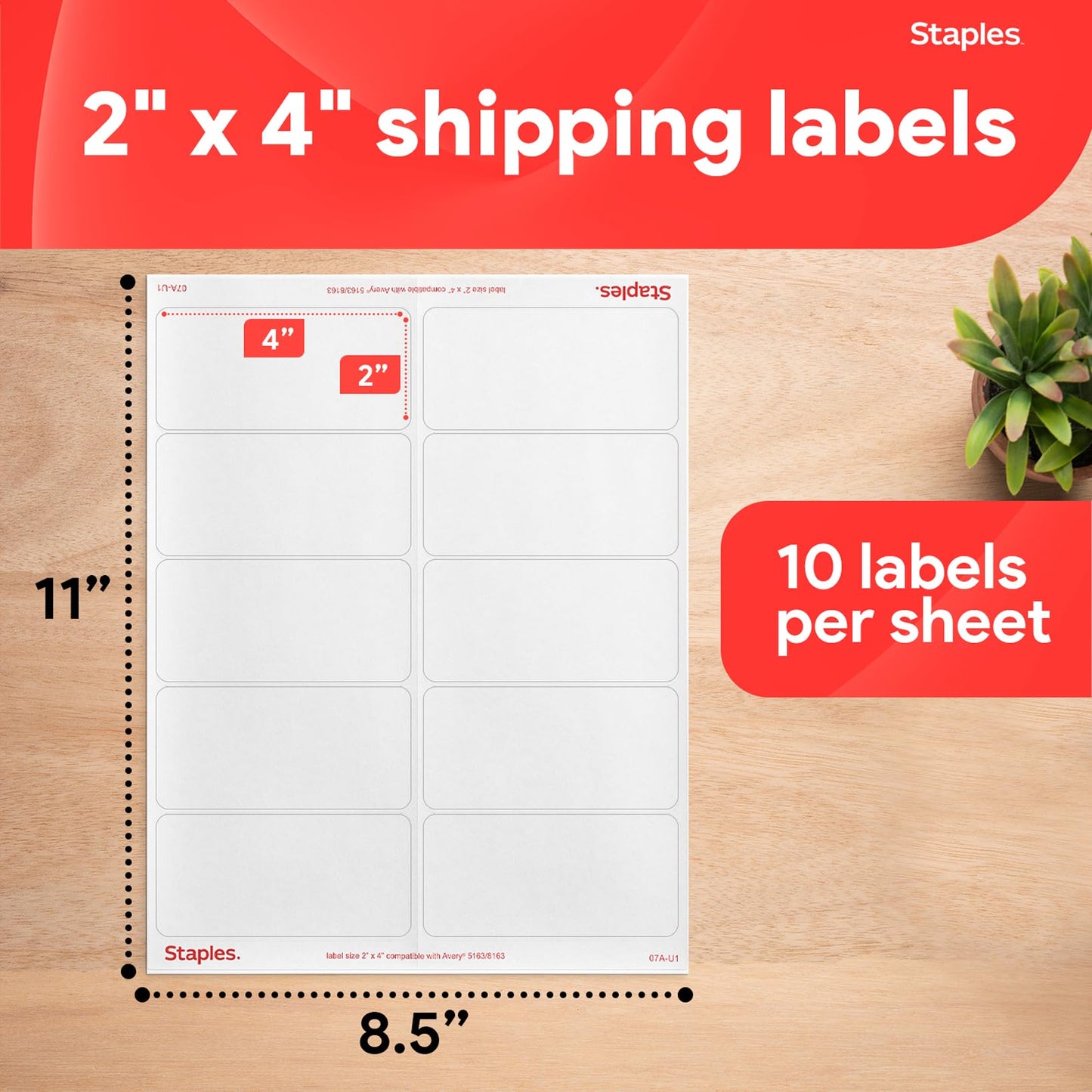 STAPLES 2" x 4" Shipping Labels, White – Printable Laser & Inkjet Label Sheets, Easy-Peel Adhesive, 100 Total (10 Labels per Sheet)