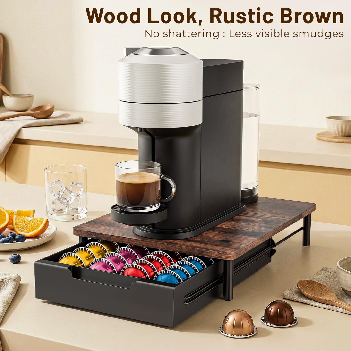 Coffee Pod Drawer Organizer for Nespresso Vertuo, Patented Flexible Slot Design Holds Up to 40 Large Capsules, Rustic Wood Look, Fits Under Coffee Machines