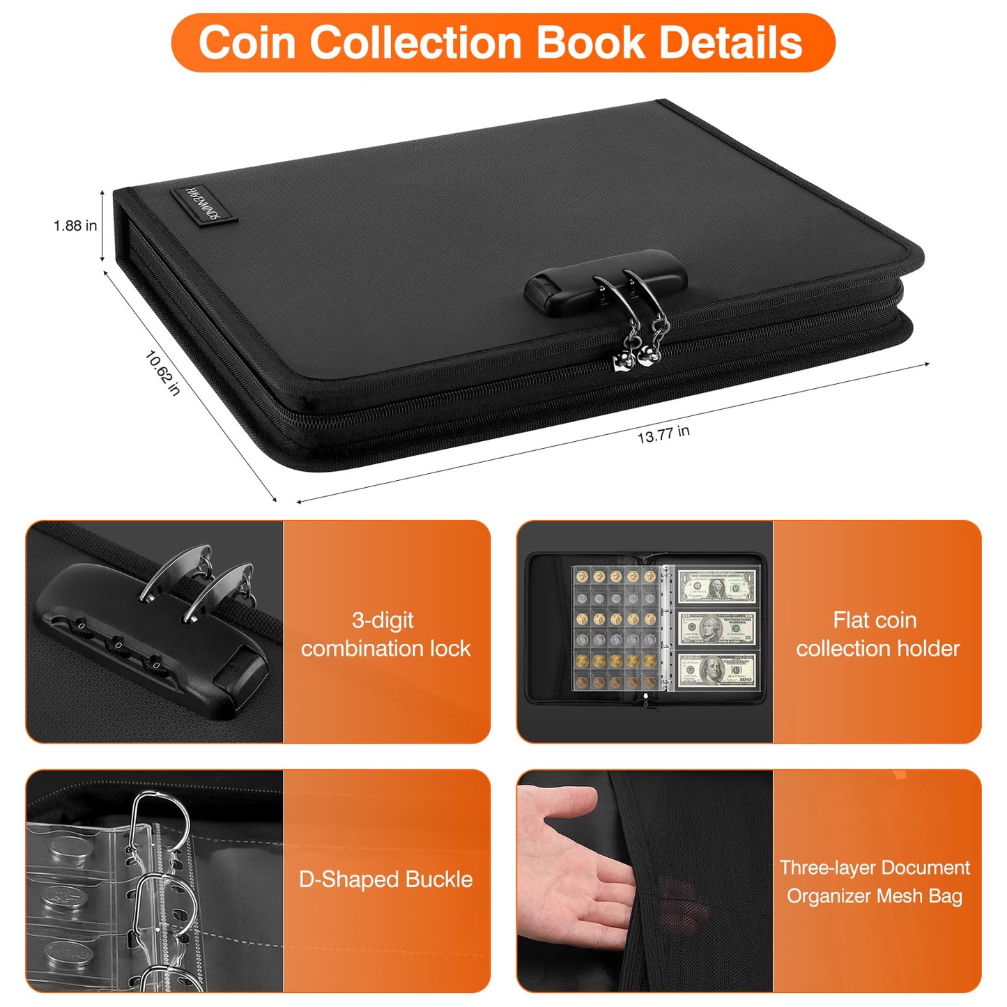 Coin Collection Book with 520 Pockets Coin Holders, Coin Albums for Collectors Coin Sleeves-Paper Money Binder Organizer Coins Storage Case with Lock,Collecting Coin Collection Supplies for Bill,Stamp
