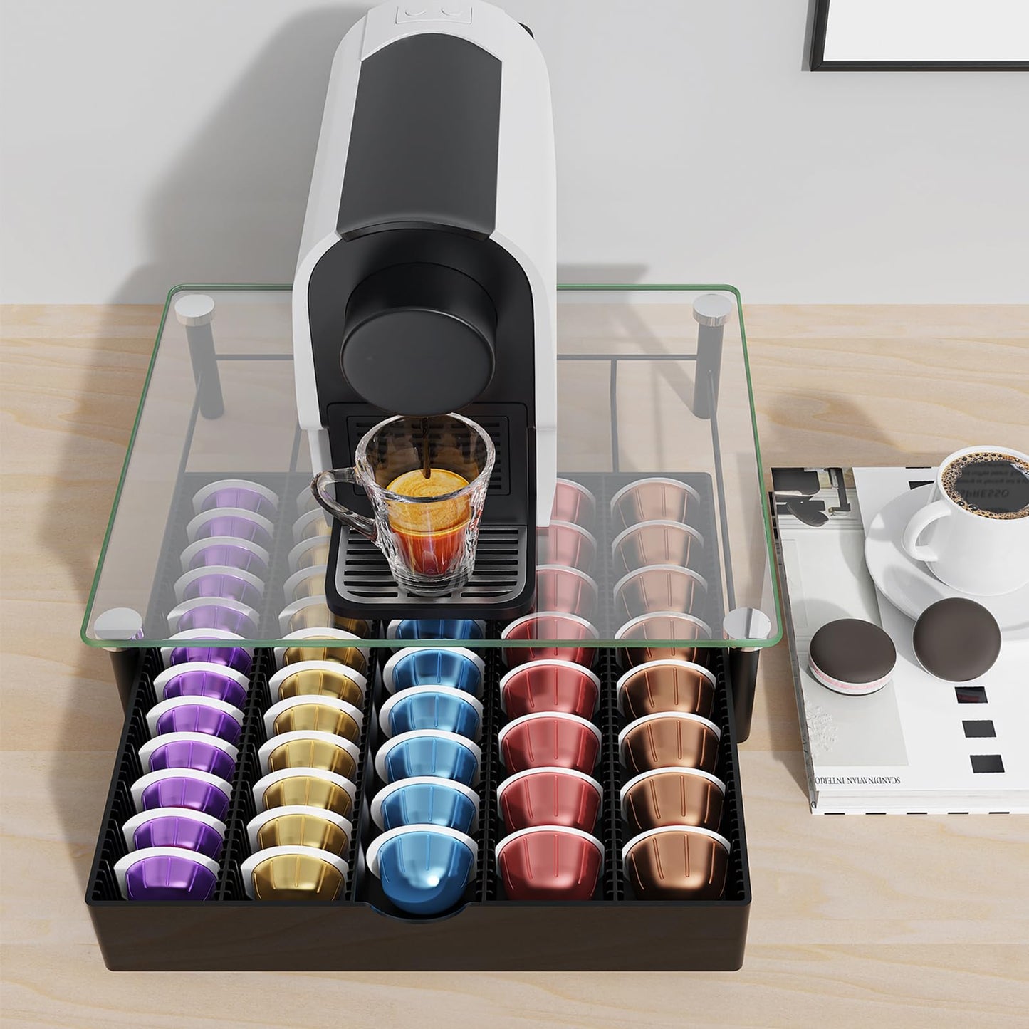 OUTIOE Coffee Pod Drawer Organizer with Tempered Glass Lid (Transparent Glass)