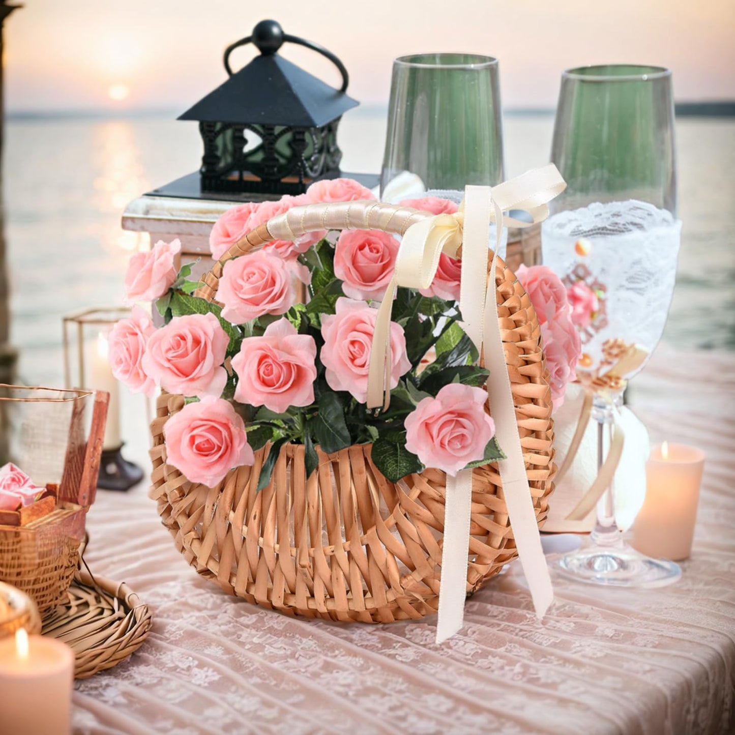 2 PCS Wicker Rattan Flower Baskets Small Half Moon Wicker Basket with Handle and Ribbons Wedding Flower Girl Straw Basket Willow Woven Storage for Wedding Party Decor(Brown) (2)