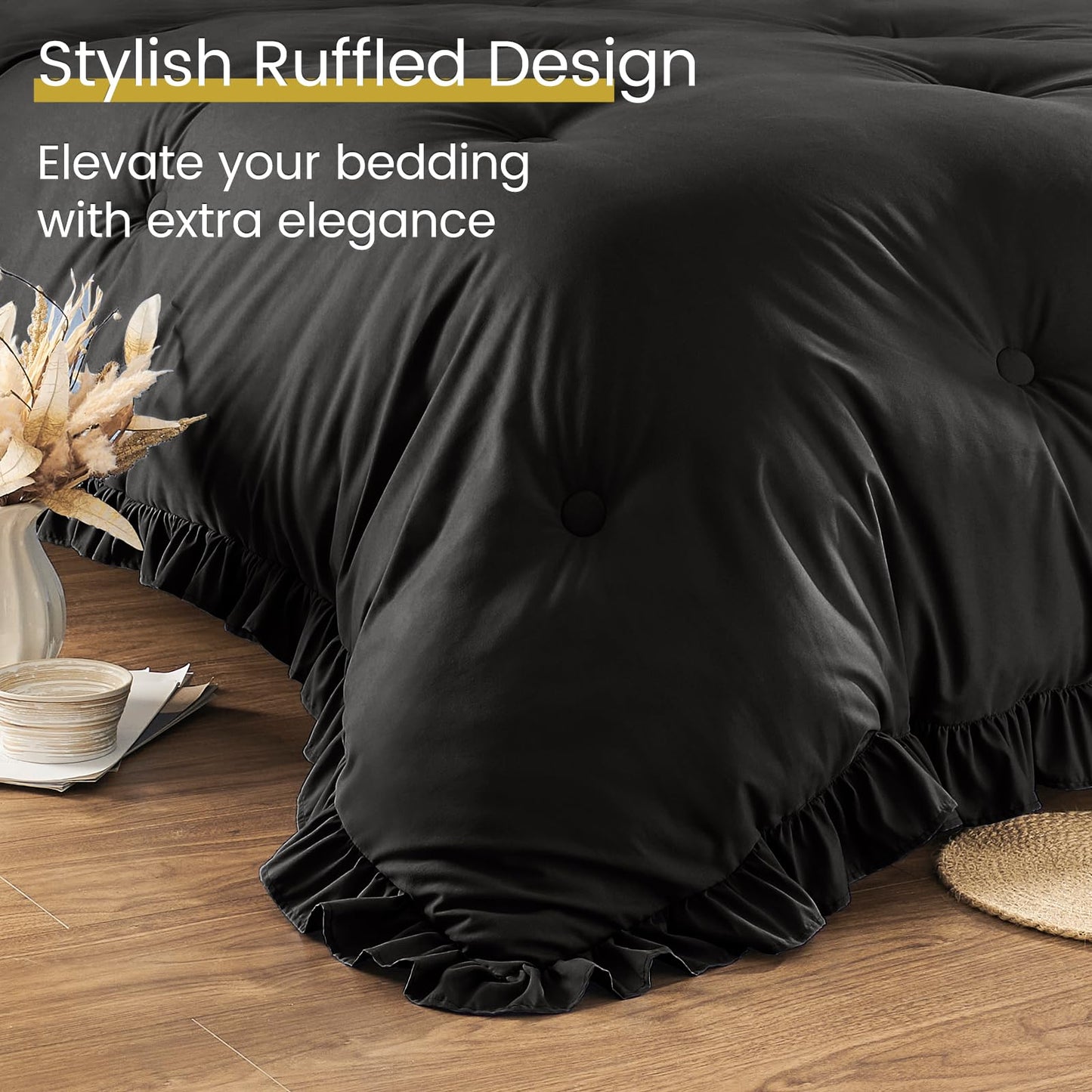 QUIETSEA King Size Bed in a Bag 7 Pieces King Size Comforter Set, Ruffle Shabby Chic Bedding Comforter Set Black Bed Set with Comforter, Pillowcases, Flat Sheet, Fitted Sheet and Pillow Shams