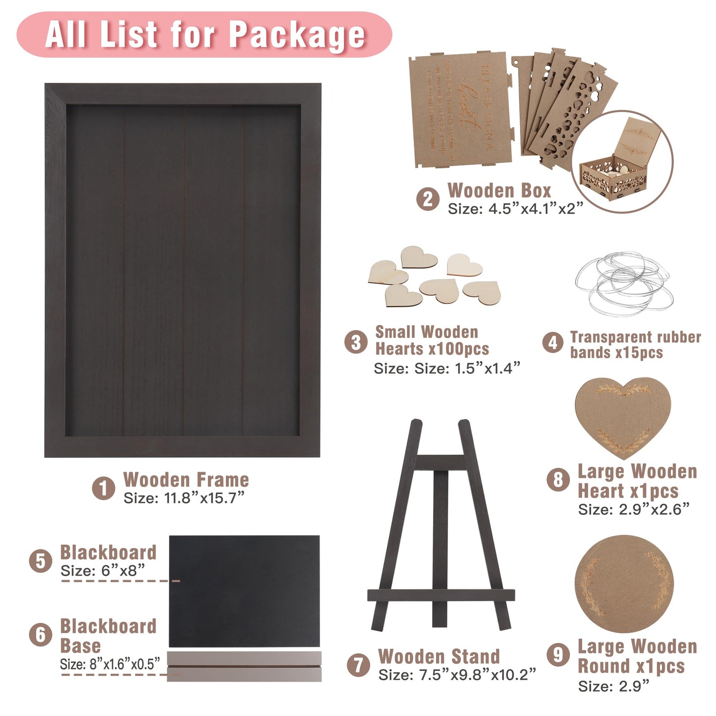 SELEAD Solid Wood Wedding Guest Book Alternative - Rustic Drop Top Picture Frame Sign with Chalkboard, 100pcs Wooden Hearts, Storage Box - Wedding Reception for Party Anniversary Birthday