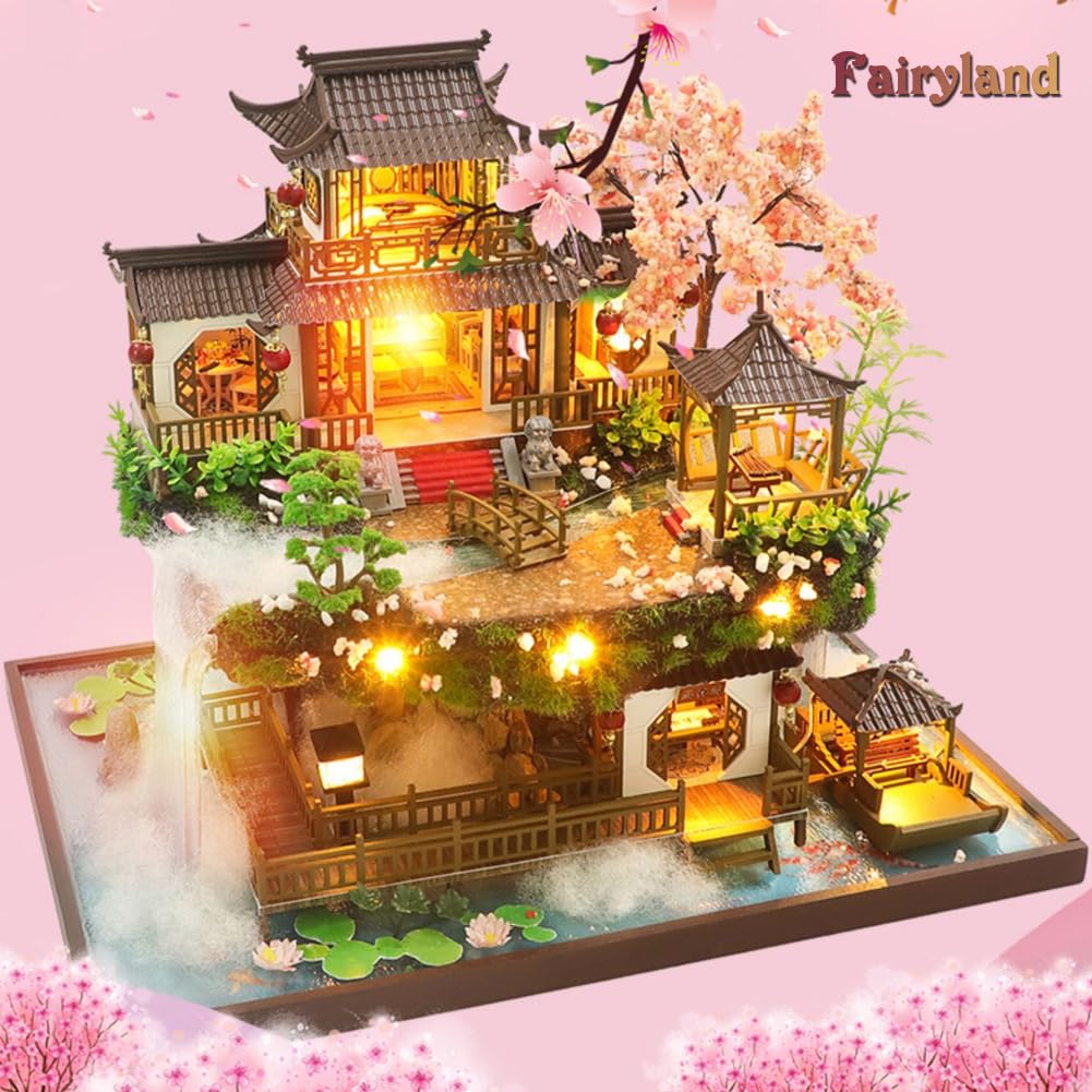 Yuzhen DIY Miniature Dollhouse with Furniture and LED Lights, Large Ancient Style Wooden Dollhouse Includes Dustcover and Music Movement