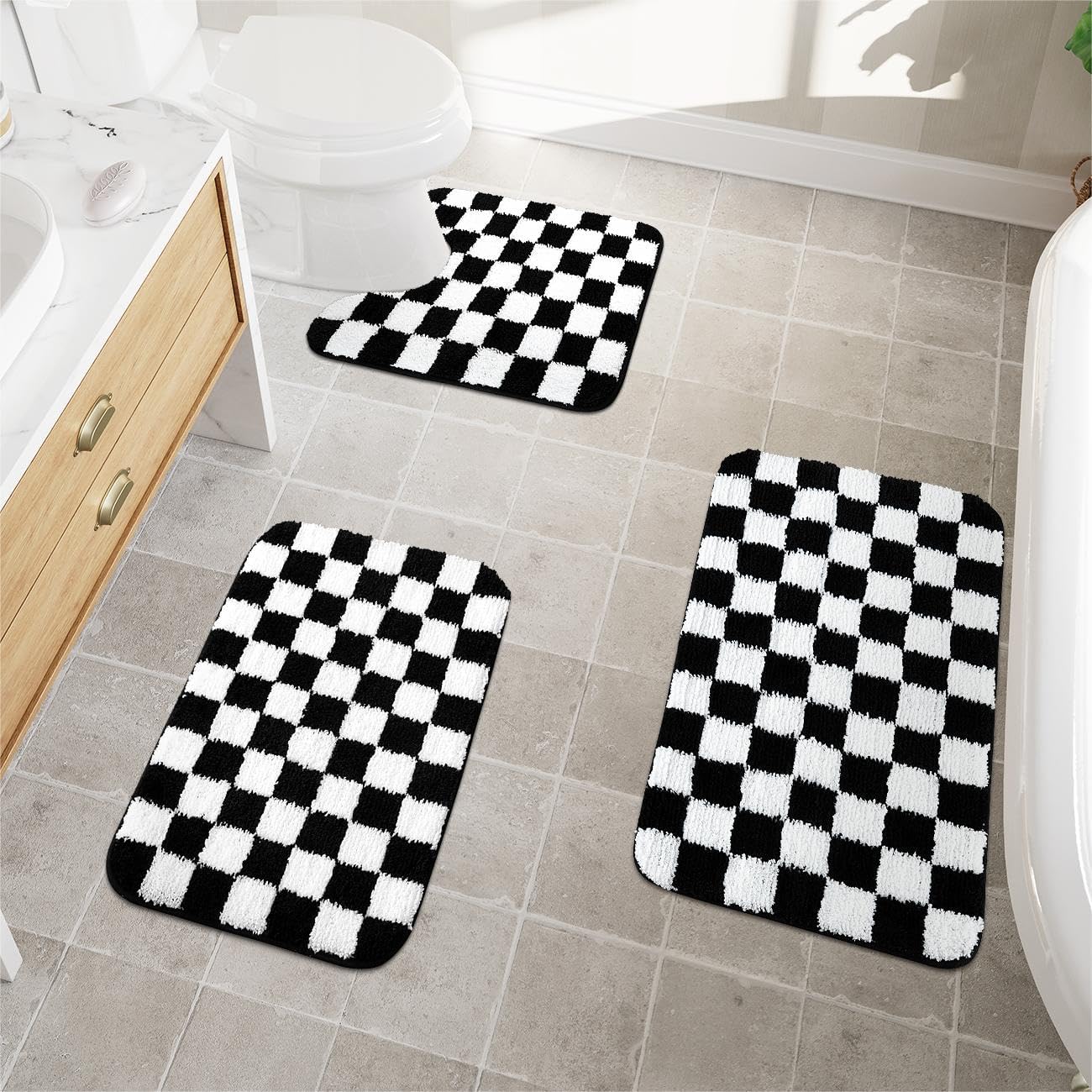 Uphome Bathroom Rugs Set 3 Piece, Black and White Checkered Bath Mat Set Non Slip Machine Washable, Soft Plush Microfiber Bathroom Mat with U Shaped Toilet for Tub, Shower