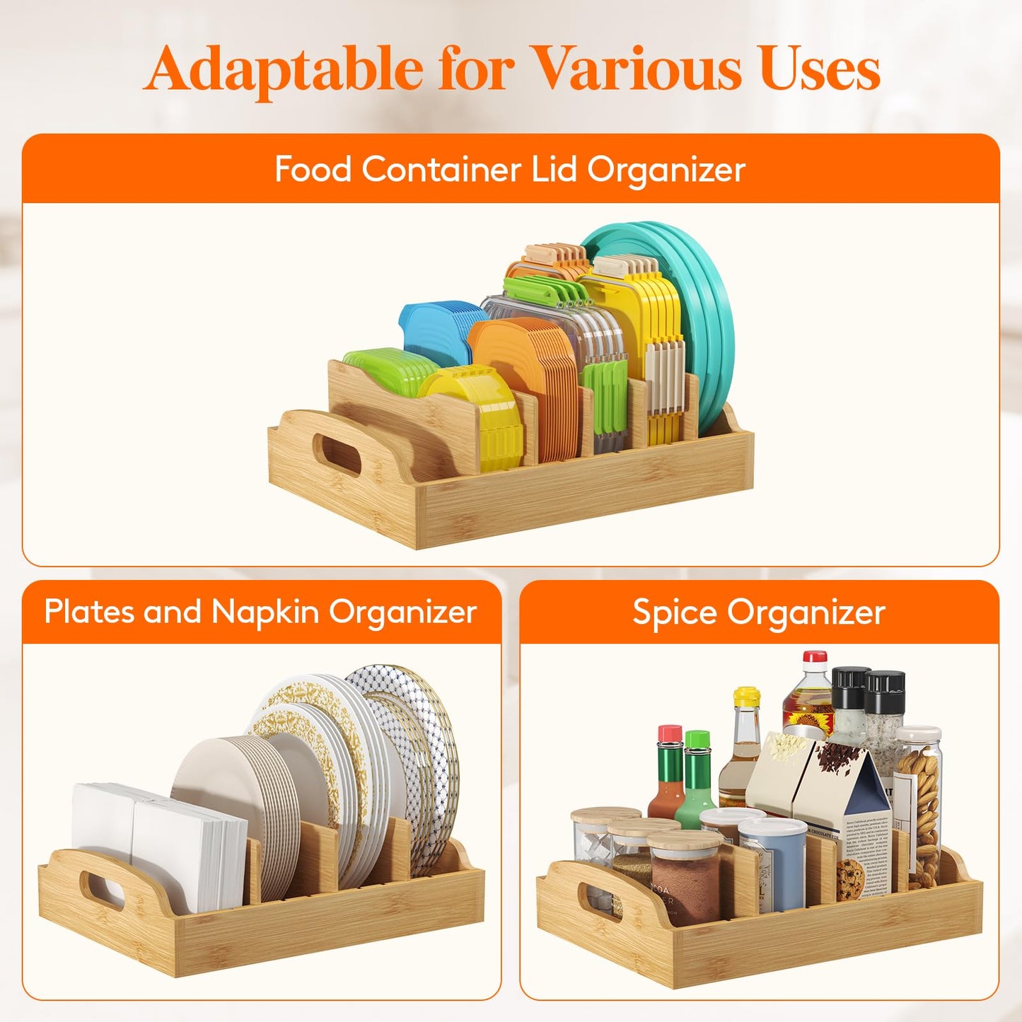 Lifewit Bamboo Lid Organizers for Inside Cabinet, Food Storage Container Lid Holder with 5 adjustable Inserts & 6 Sections, Kitchen Pantry organizer and storage, Large, 13.2" x 10"/34 x 25cm