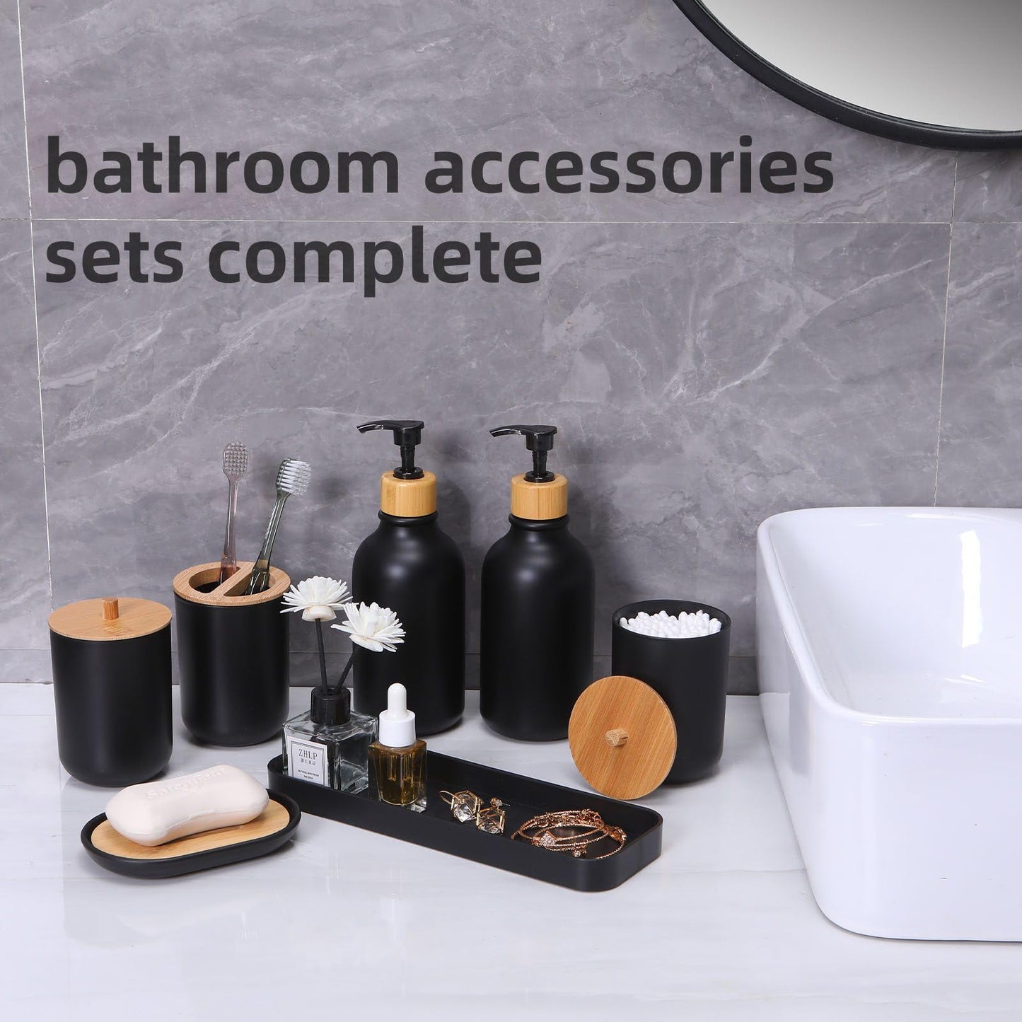 FNGJMJG Matte Black Bathroom Accessories Set 9PCS,Bamboo Bathroom Accessories Sets Complete with Trash Can,Soap Dispenser and Toothbrush Holder Set,Toilet Brush,Qtip Holder,Vanity Tray,Soap Dish