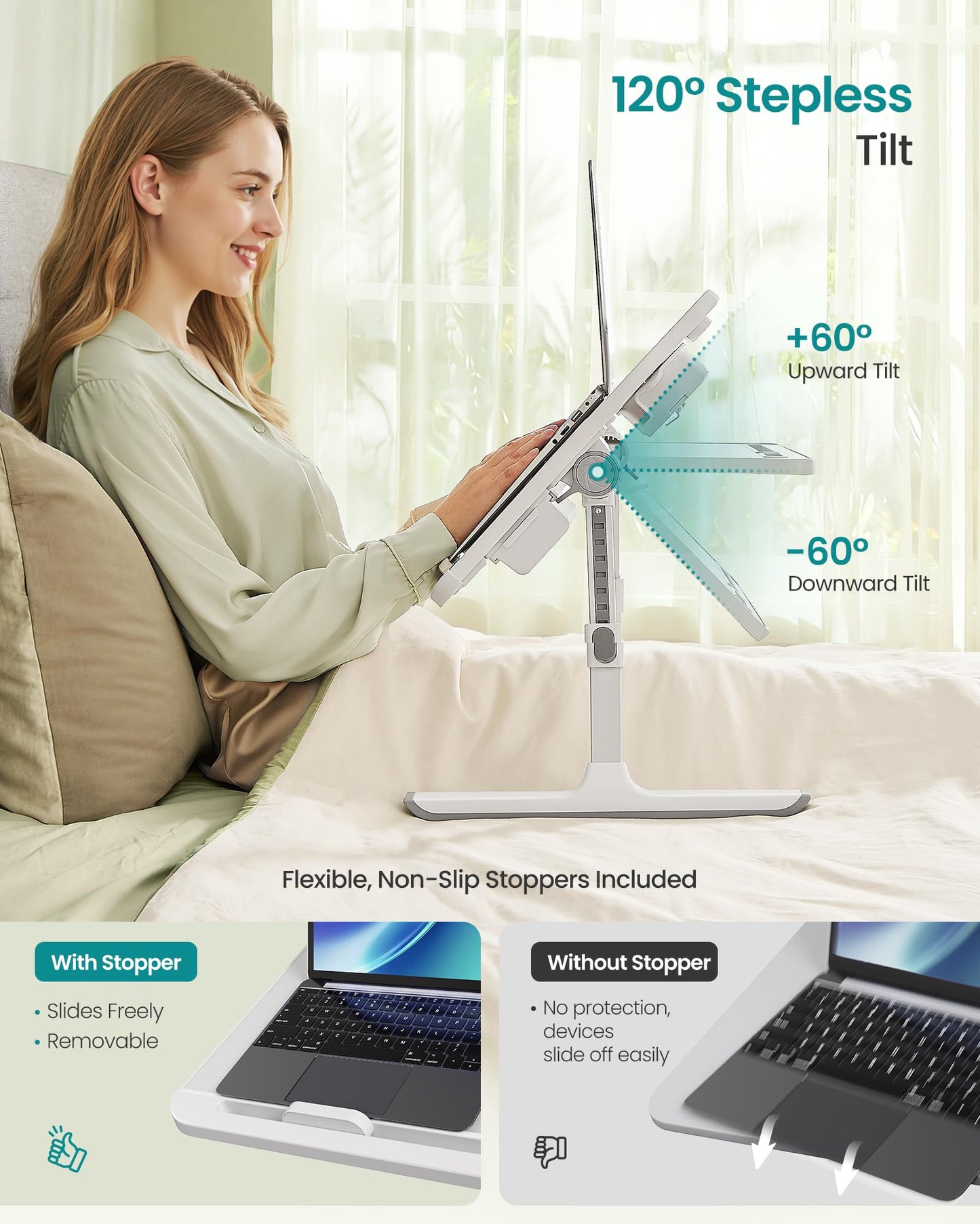 SONGMICS Bed Laptop Desk, Foldable Bed Desk for Laptop, 15.7 x 22 Inches Large Desktop, 120° Stepless Tilt, Adjustable Height, Cup Holder, Tray, Portable Bed Sofa Table, Gray ULLD113GZ01