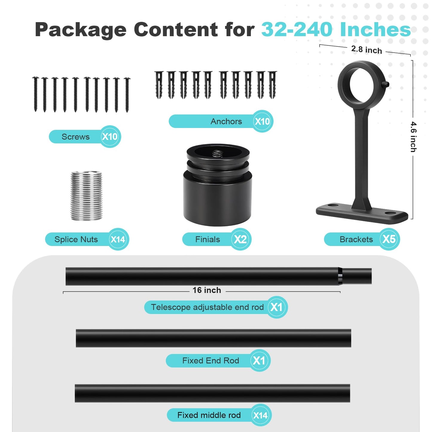Black Extra Long Curtain Rods 240 Inches - Heavy Duty 1 Inch Adjustable Metal Drapery Rod for Large Windows, Sliding Doors, 5 Holders, Wall & Ceiling Mount, Easy Installation, Modern Design