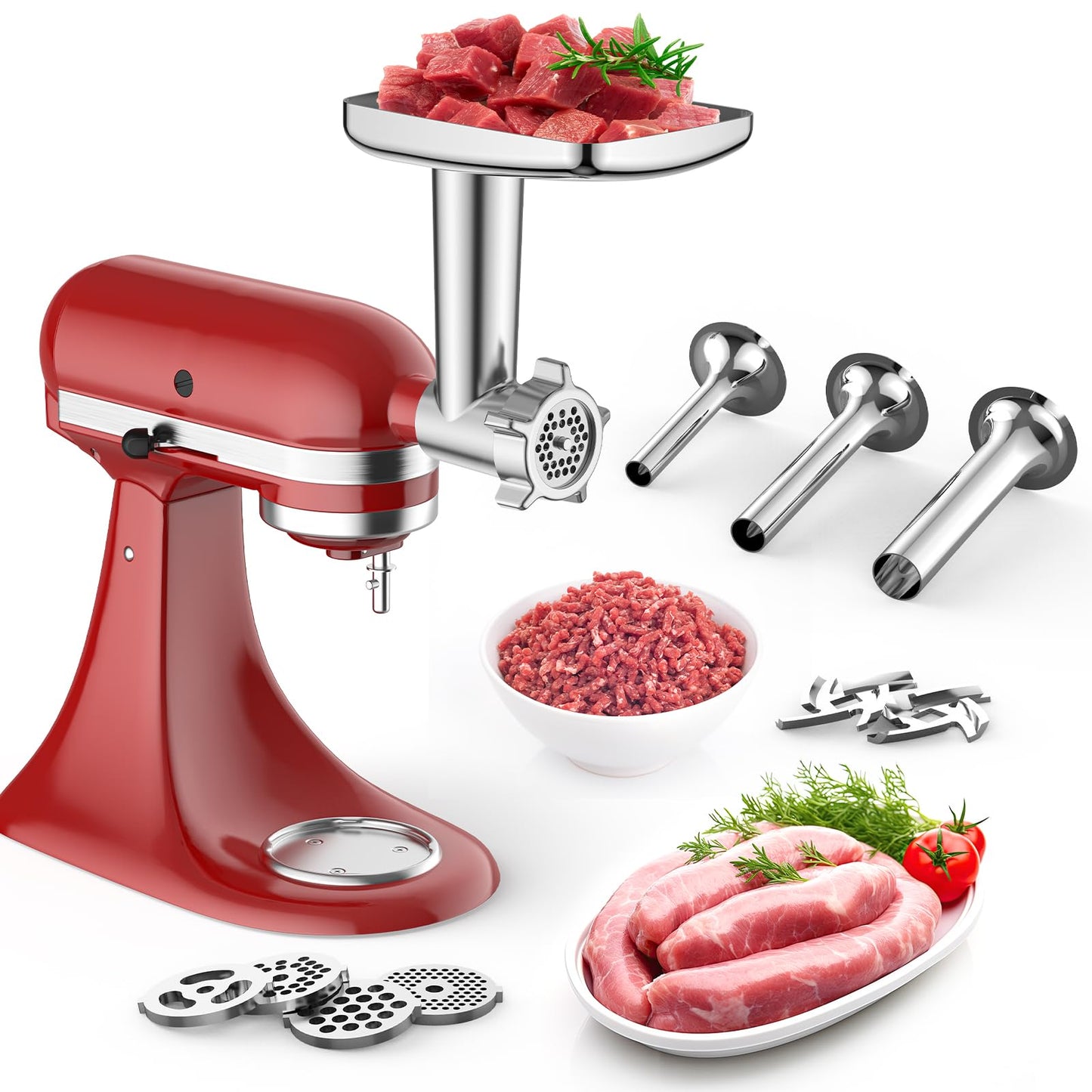 Meat Grinder Attachment for KitchenAid Stand Mixer, Metal Food Grinder for Kitchen Aid Includes 4 Grinding Plates, 3 Sausage Stuffer Tubes and 2 Cutting Blades