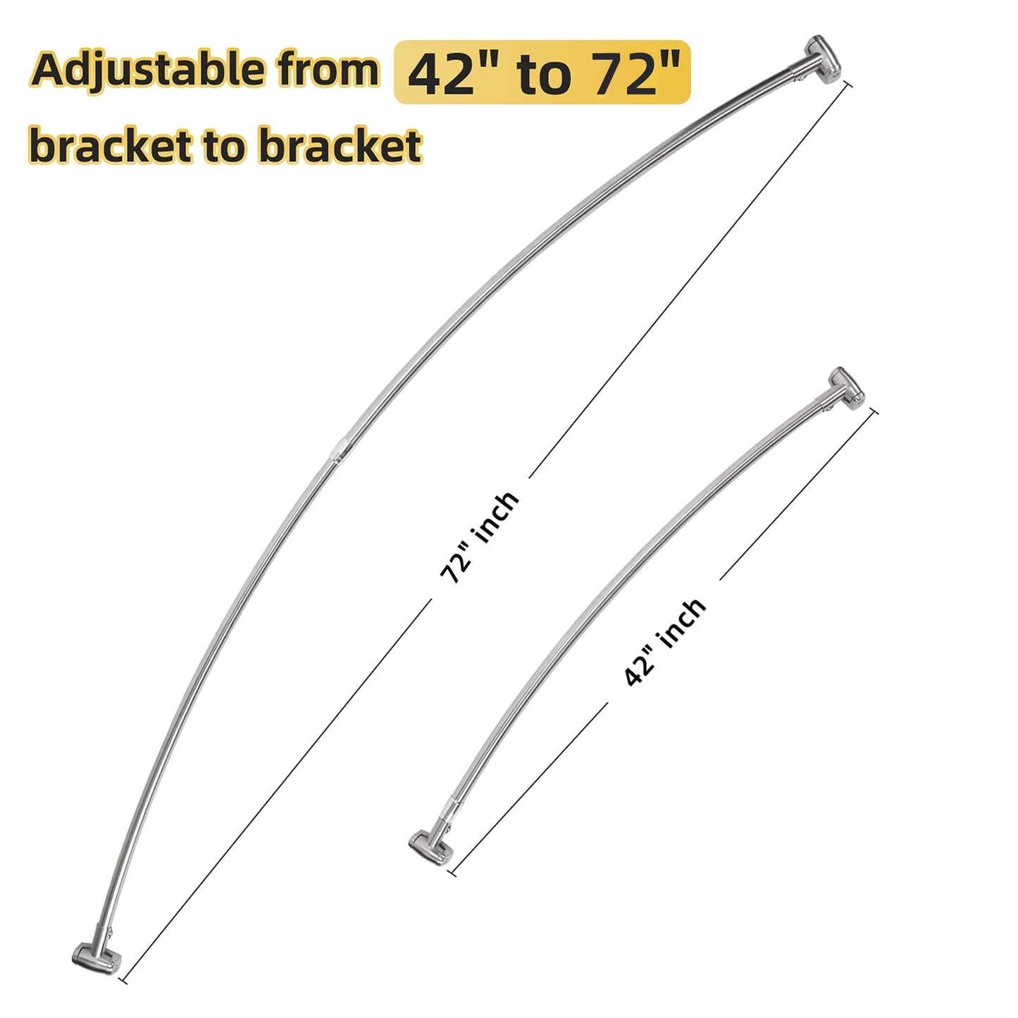 Chrsouly Adjustable Curved Shower Rod, 42-72 inches Extra Wide Shower Curtain Rod, Rust proof, Premium Stainless Steel, Curved Shower Curtain Rod for Bathroom, Need to Drill, Silver