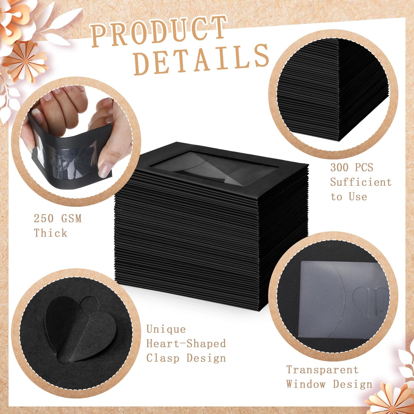Uiifan 300 Pcs Window Gift Card Envelopes 4 x 2.8 Inch Gift Card Sleeves Mini Envelopes with Heart Shaped Clasp for Business Party Greeting Invitation(Black)