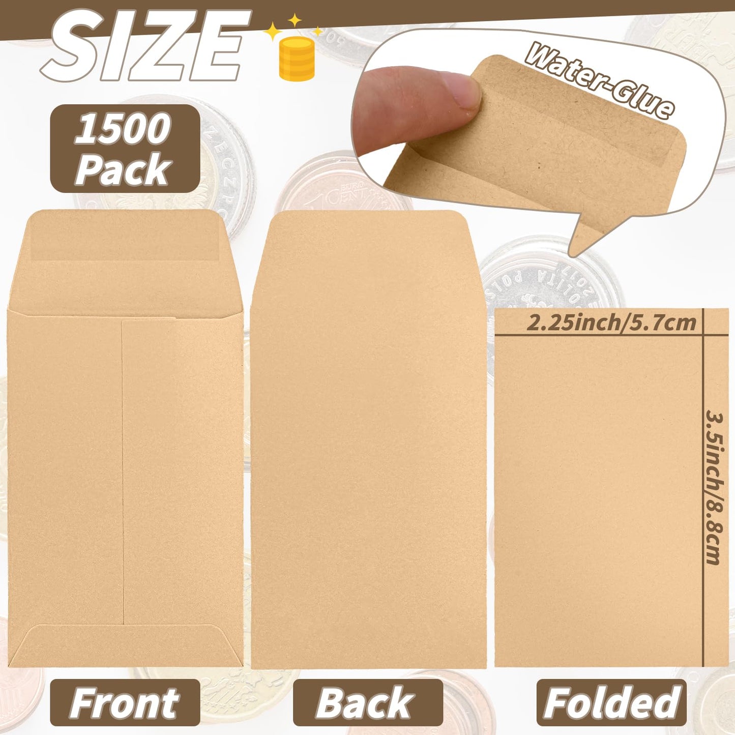 1500 Pack Small Coin Envelopes 2.25x 3.5in Brown Kraft Small Cash Envelopes Mini Key Envelopes with Gummed Flap for Home and Office Use