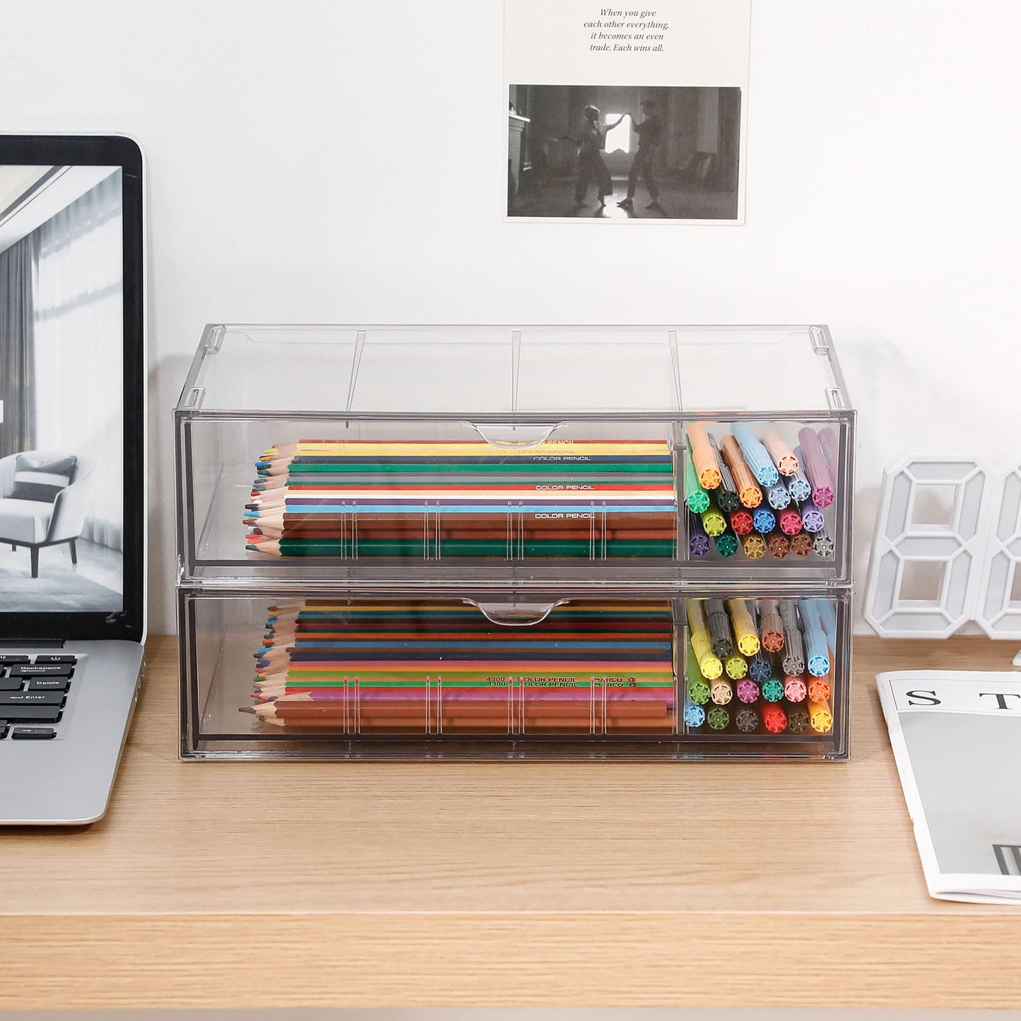 GOXITAX Clear Pen Organizer with Drawer, 2 Pack Plastic Desk Accessories Storage Box with Removable Dividers for Home Office, School Supplies, Stationery, Art Crafts, Stackable Pencil Holder