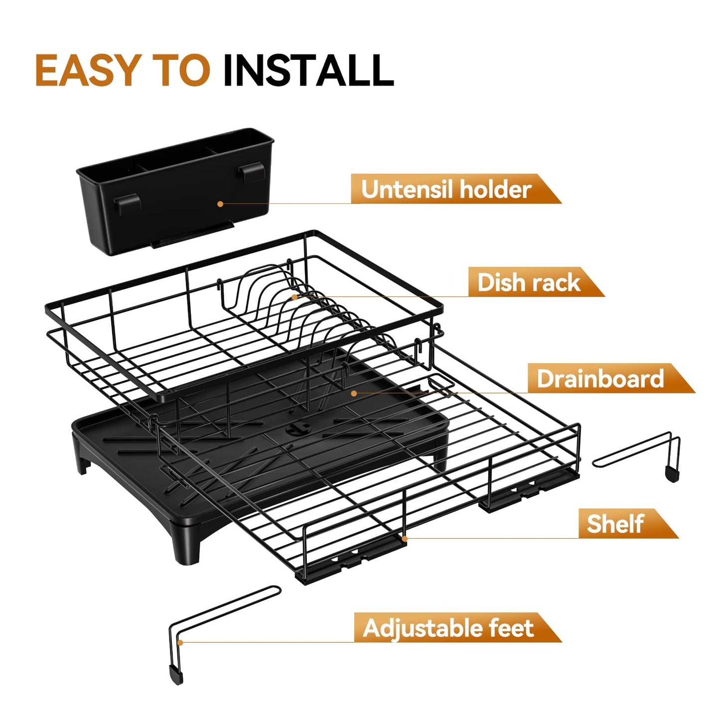 Laveshop Dish Drying Rack - Expandable Rack, Large Capacity Dish Drainer for Kitchen Counter, Rust-Proof with Utensil Holder, Black