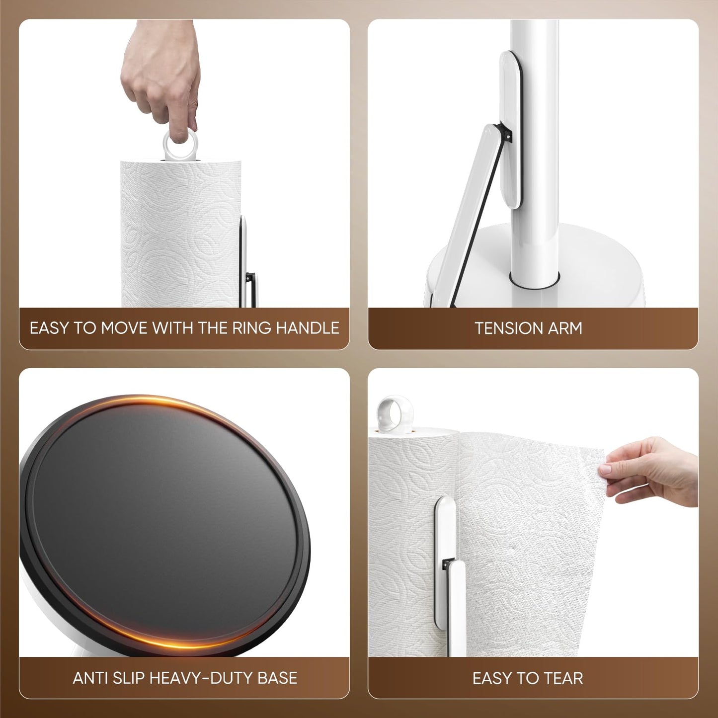 theaoo Heavy-Duty Stainless Steel Paper Towel Holder with Tension Arm – Easy One-Handed Tear, Modern Standing Countertop Dispenser for Kitchen, Holds All Paper Towel Rolls (1, White)
