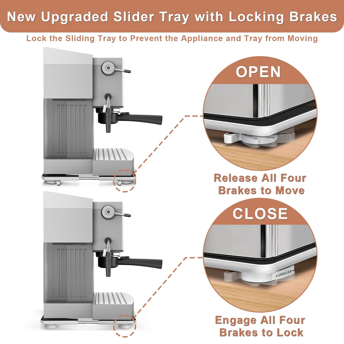 Adjustable Appliance Slider Tray - Expandable 6" x 11"- 11" x 20" Sliding Tray for Kitchen Appliances - 360° Countertop Rolling Tray with Locking Brakes for Coffee Makers Mixers