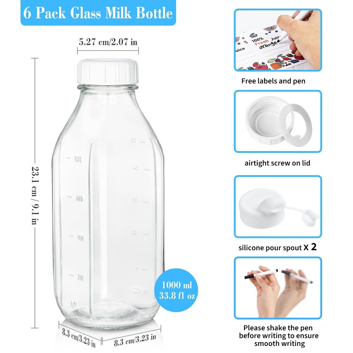 Liter Glass Milk Bottles w 100% Airtight Heavy Duty Screw Lid & 2 Dispenser- 6 Pack 32 Oz Drinking Jars - Food Grade Glass Bottles for Milk, Honey, Jam - Dishwasher Safe(Extra 2 Lids and Stickers)