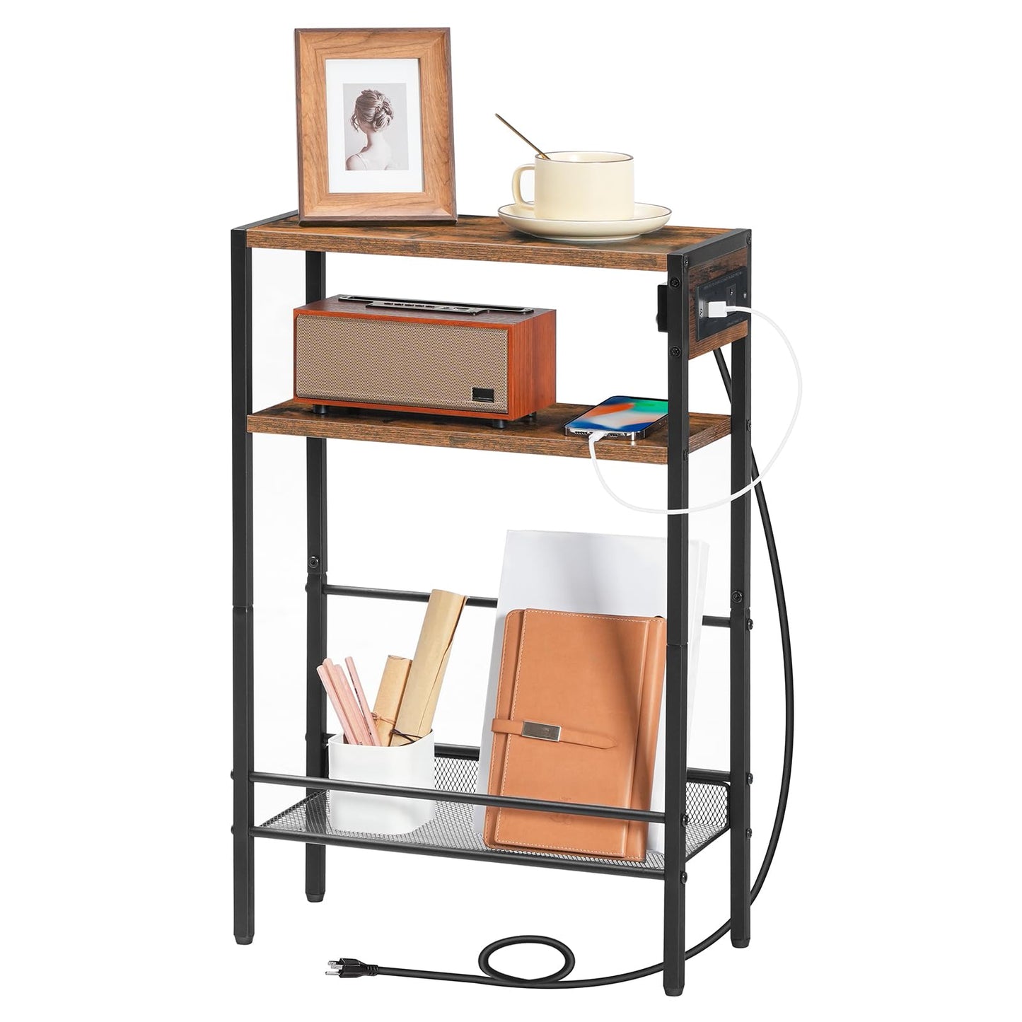 HOOBRO Small Narrow Side Table with Charging Station Set of 2, Skinny End Table for Small Spaces, Slim Nightstand with USB Ports Outlet, Sofa Beside Table with Storage Shelf BF102UBZP201
