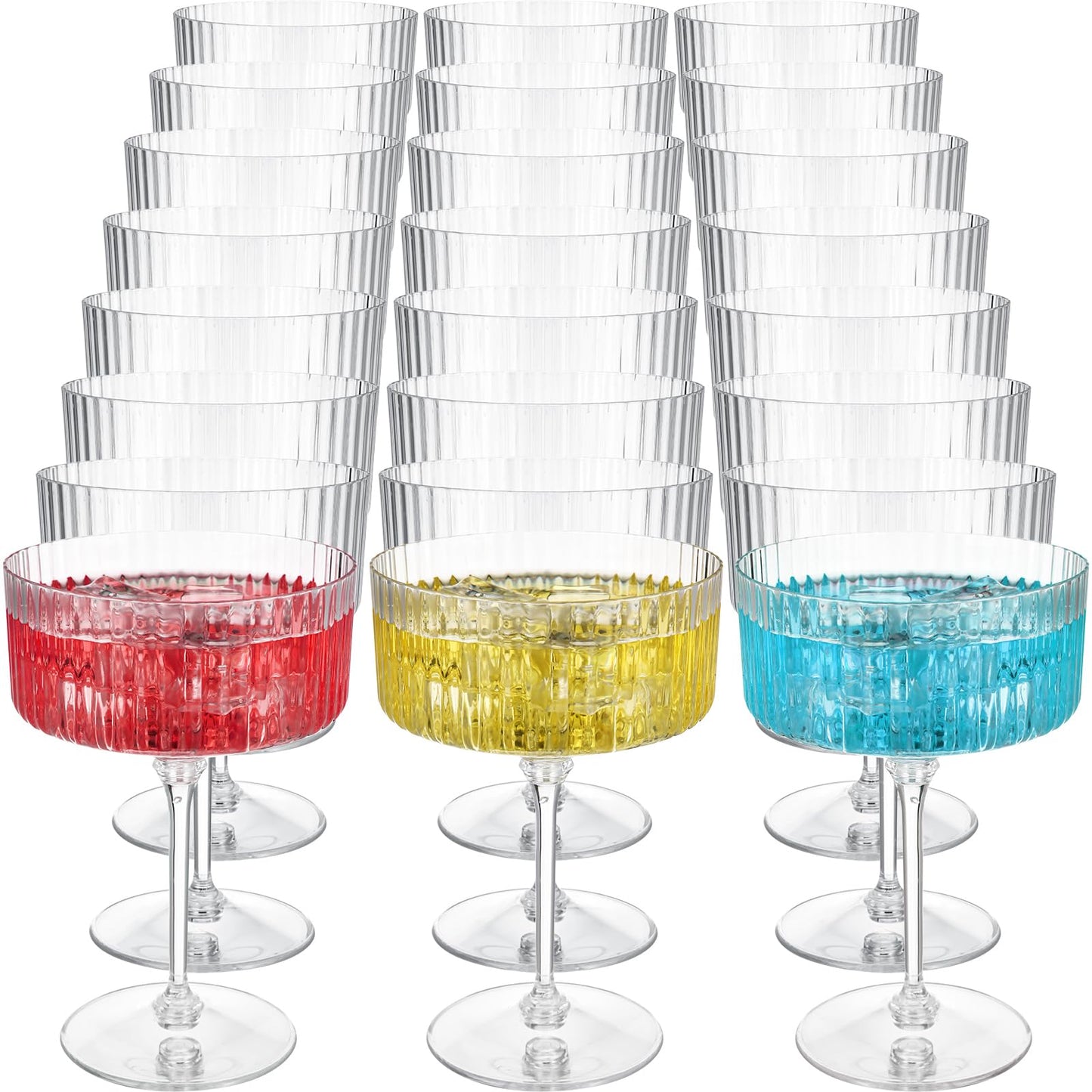 Jingmore 24 Pcs Ribbed Martini Glasses 10 oz Disposable Plastic Vintage Ribbed Coupe Glasses Unbreakable Dessert Parfait Glassware for Wedding Birthday Party Supplies (Clear)