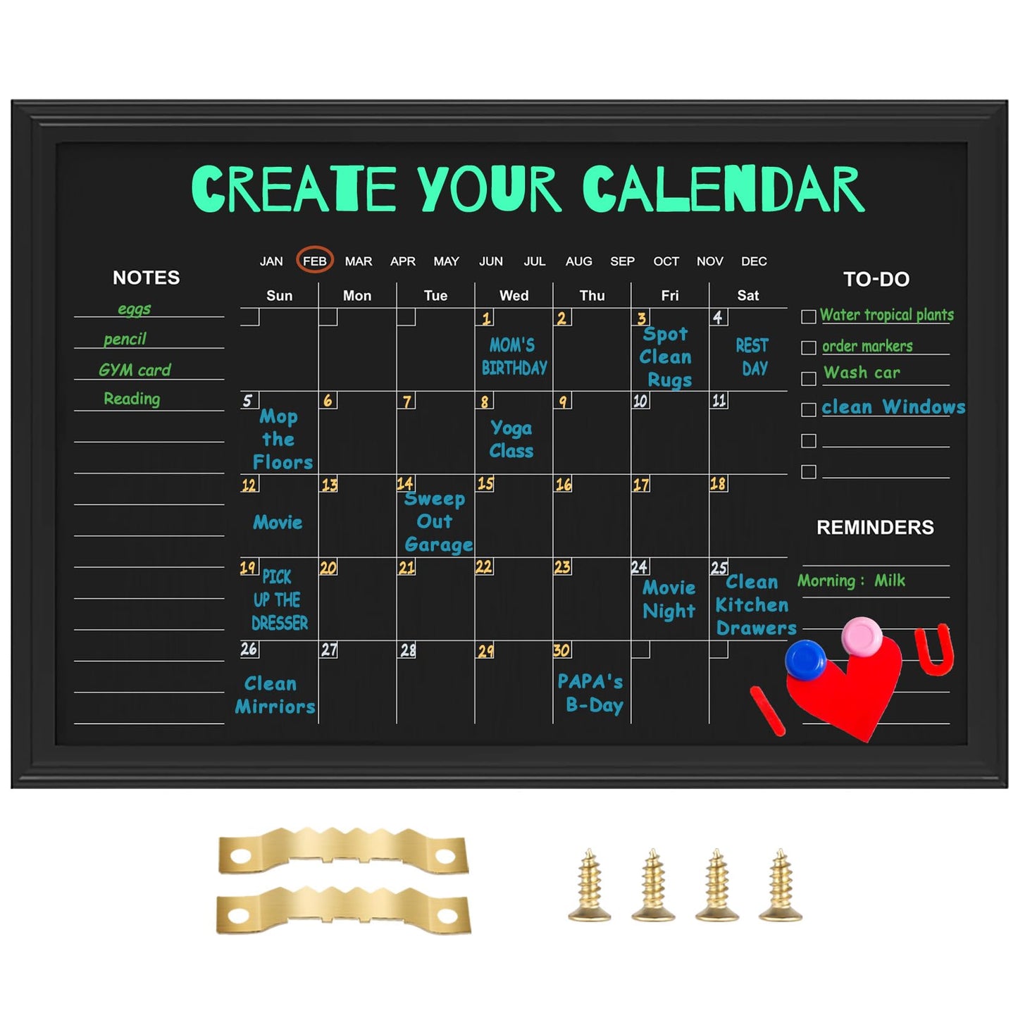 Magnetic Chalkboard Calendar, 17.7" × 23.6" Monthly and Weekly Calendar Chalk Board for Wall, Family Planner,Black(Family-HB-4560)