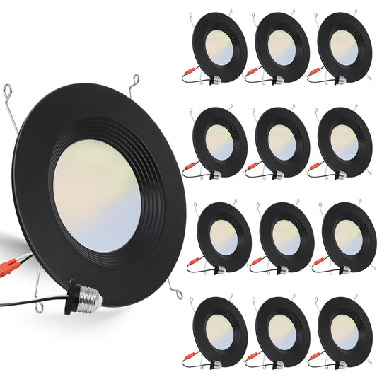 12 Pack 5/6 Inch 5CCT Black LED Recessed Lighting Retrofit, 2700K/3000K/4000K/5000K/6500K Selectable, Dimmable Can Lights with Baffle Trim, 12W=150W, High Brightness 1000LM, Wet Rated, ETL Certified