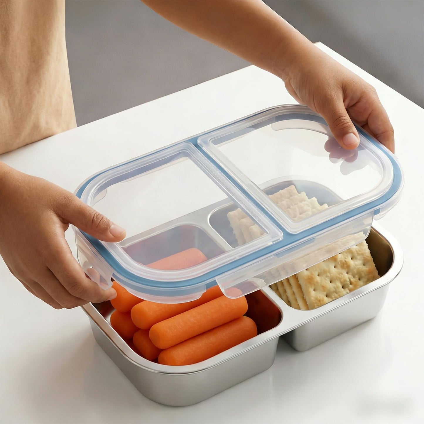 EC-Gaze 4 Pack Stainless Steel Snack Containers, 2 Compartment Reusable Metal Snack Boxes Containers with Leak-Proof Lids, Compact Lunch Box Food Storage Container