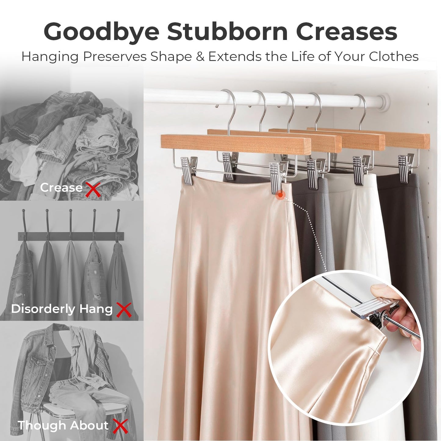 HOUSE DAY Premium Wooden Pants Hangers 25 Pack, Solid Lotus Wood Skirt Hangers with 2-Adjustable Clips, Heavy Duty & Anti Slip Wood Bottom Hanger for Slacks, Jeans, Trousers, Shorts (Natural)