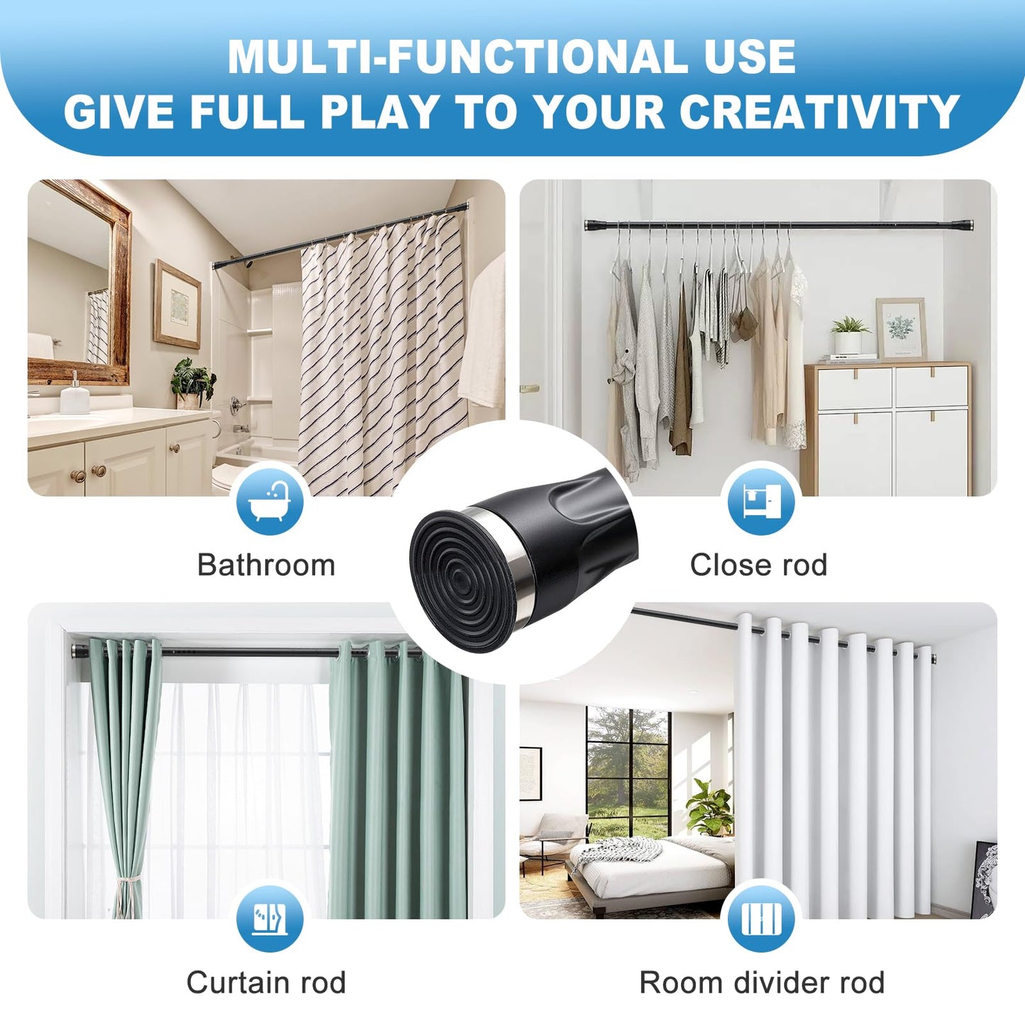 Tension Curtain Rod, 42 to 115 inch Adjustable Heavy Duty black shower curtain rod for bathroom Closet Windows