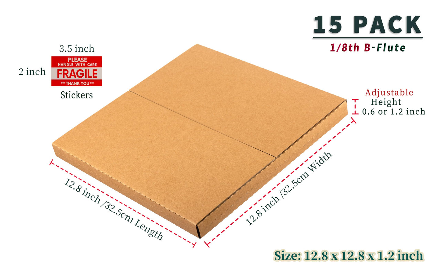 YUSHYIJIE LP Mailers 12.8x12.8x1 inch Vinyl Record Shipping Boxes with Fragile Stickers, Kraft Corrugated Album Mailing Box for Packing, Moving, Storage, 15 Pack