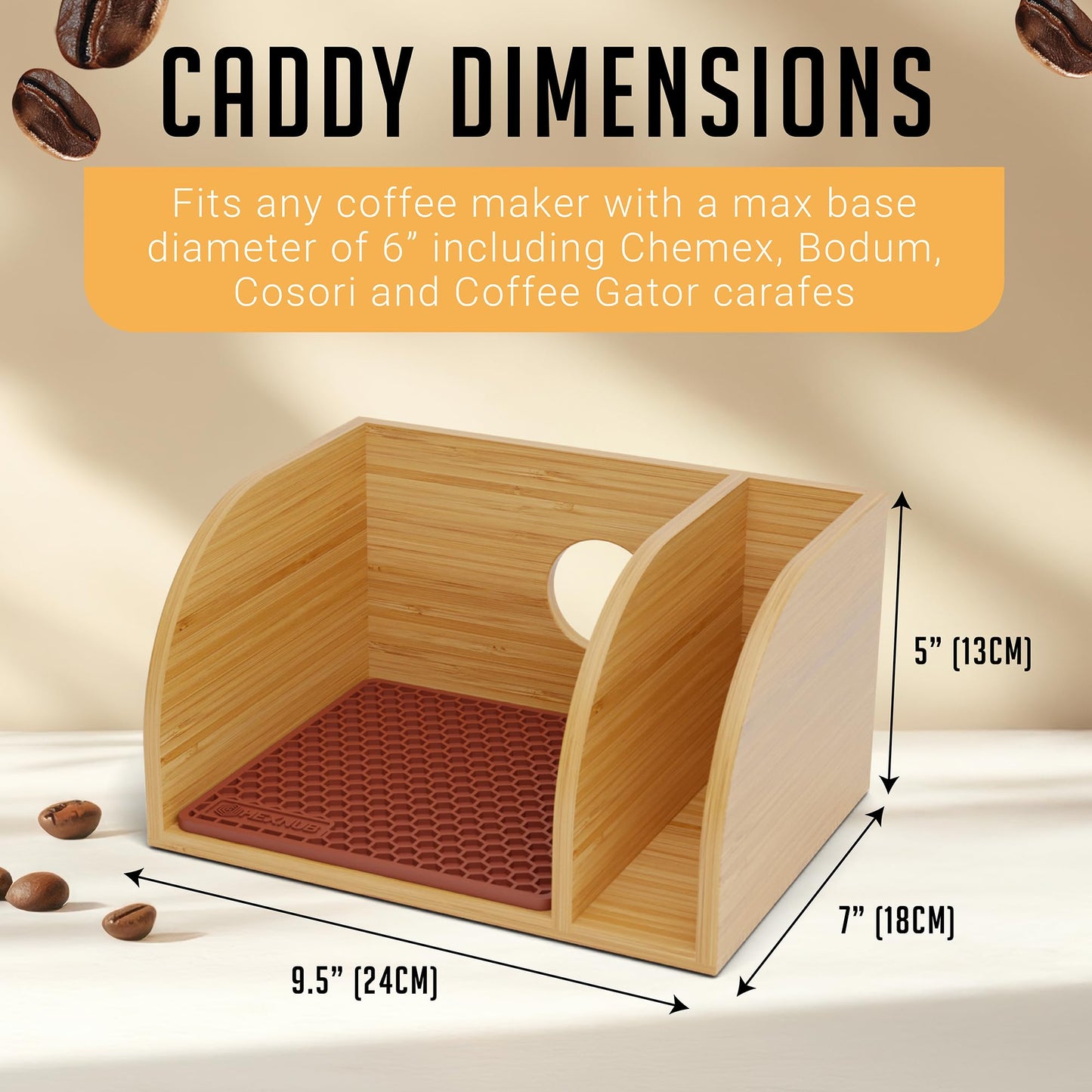 HEXNUB Caddy and Lid for Pour Over Coffee Maker, Bamboo Stand fits Chemex, Bodum, Cosori Coffee Carafes, Heatproof Mat, Filter Holder (Brown Silicone Mat + Lid)