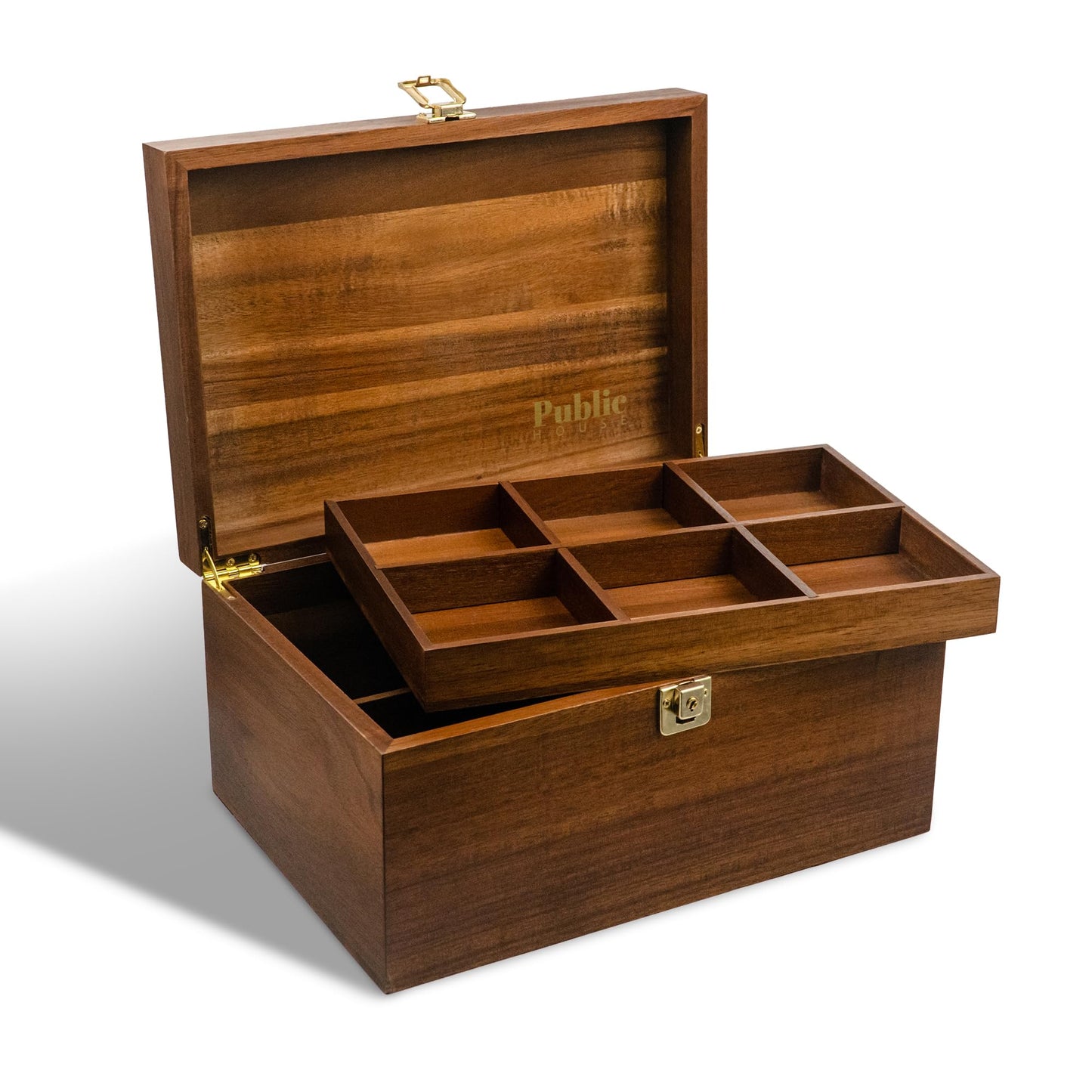 Public House Locking Wooden Keepsake Box, Customizable Design With Adjustable Tray. Large Wooden Box with Hinged Lid for Wedding and Memory Keepsakes